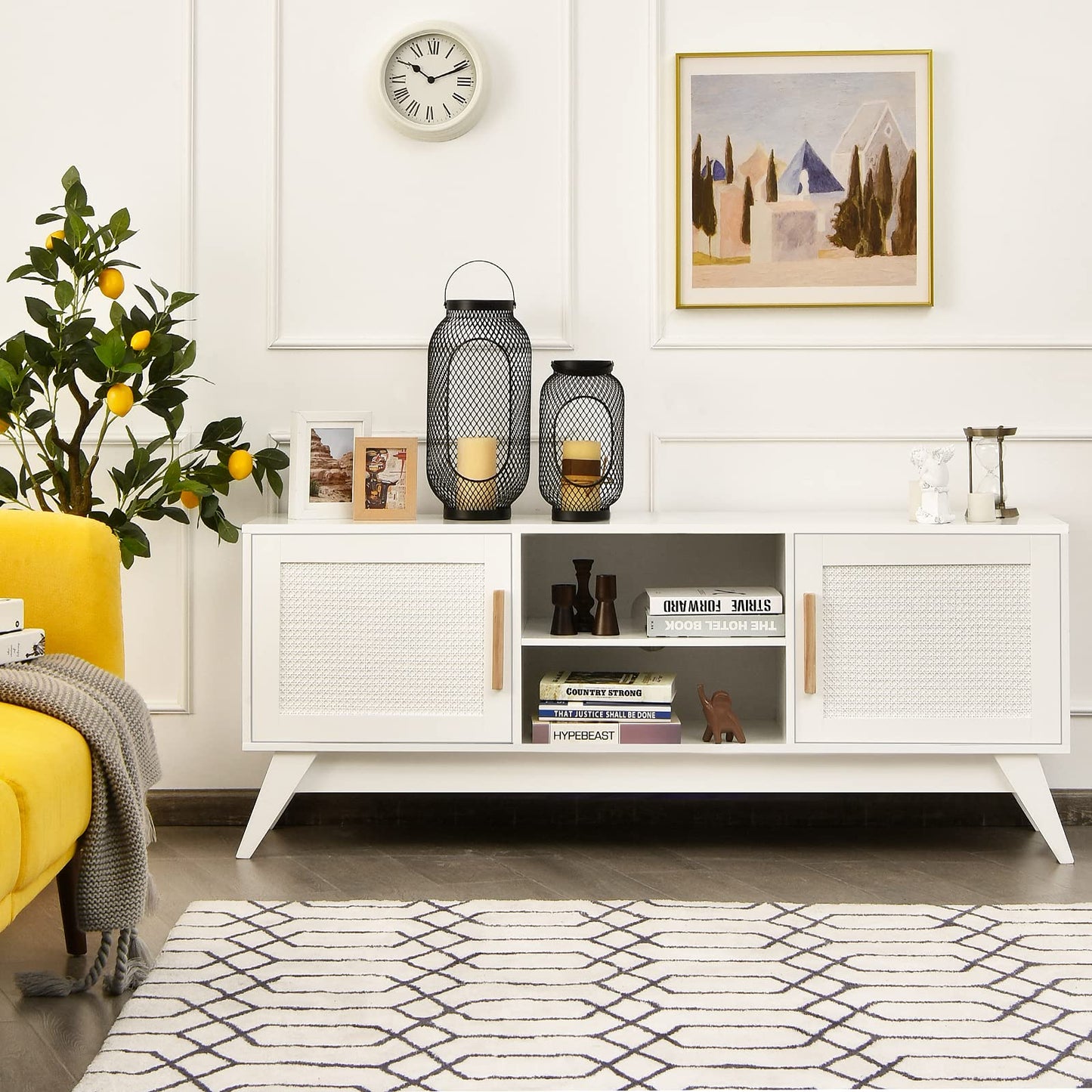 Tangkula Rattan TV Stand for TVs Up to 65 Inches with Cable Holes for Bedroom Living Room