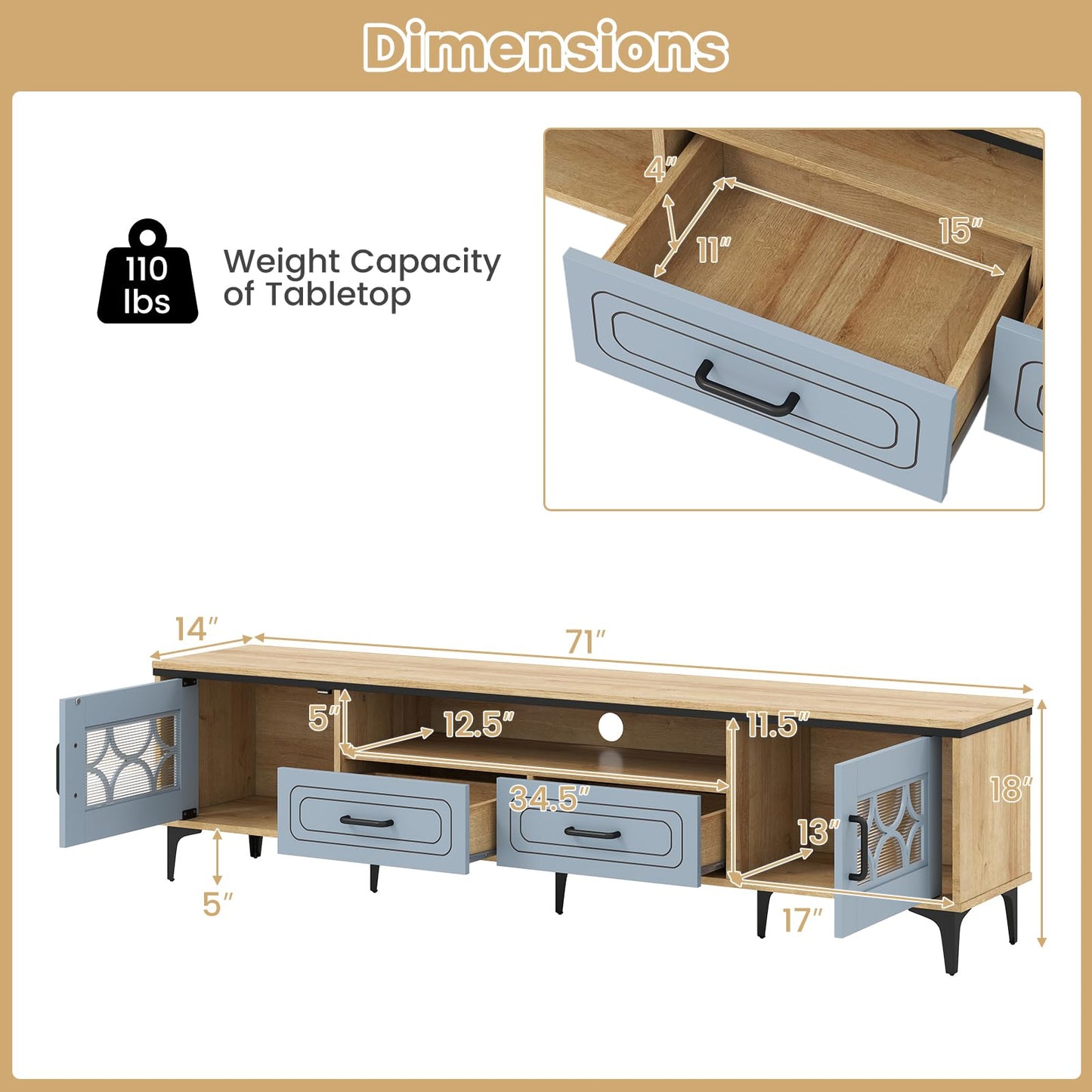 Tangkula Farmhouse TV Stand for TVs up to 80” 71” Entertainment Center with 2 Drawers