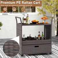 Chariot de bar roulant en osier d'extérieur Tangkula avec plateau en verre trempé