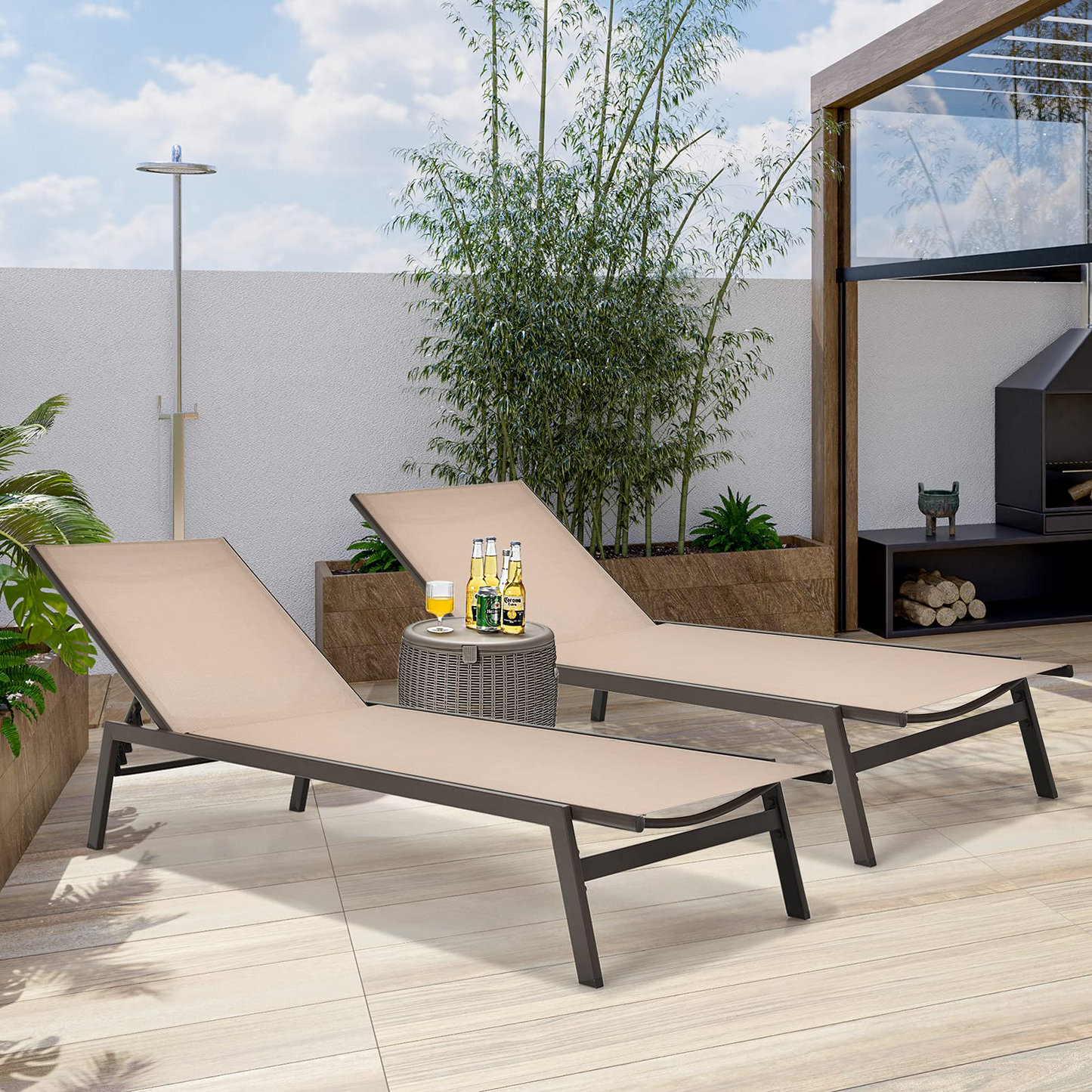 Tangkula Outdoor Chaise Lounge Chair, 6-Position Adjustable Reclining Chair with Breathable Fabric and Heavy Duty Steel Frame