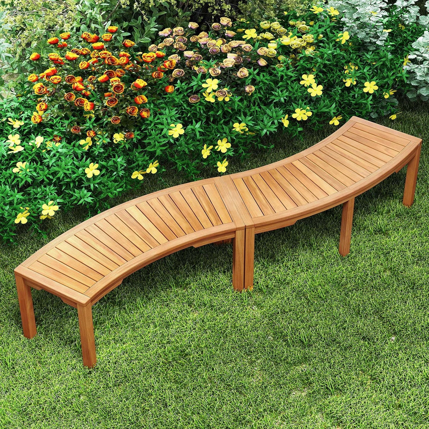 Tangkula Outdoor Acacia Wood Curved Garden Bench（1/2/4/7）