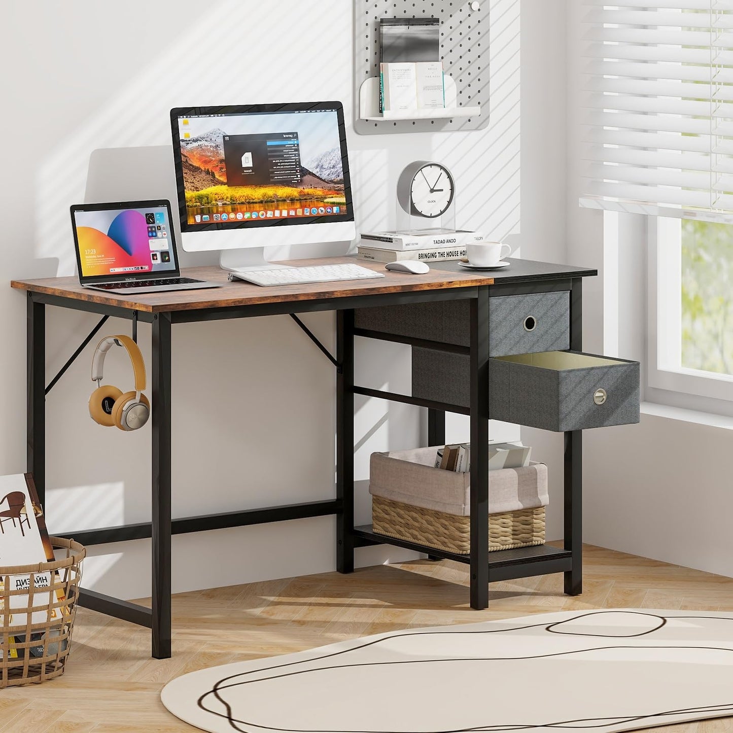 Tangkula Bureau informatique avec 2 tiroirs, bureau moderne pour la maison et le bureau avec crochet de suspension et étagère de rangement.