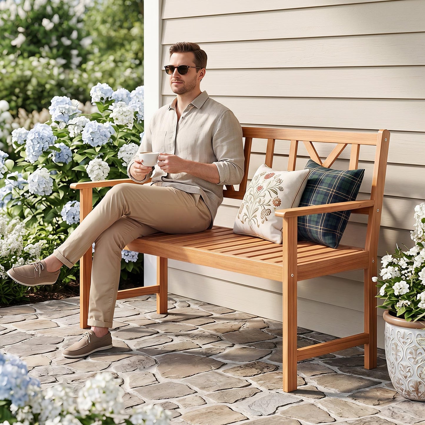 Tangkula 2-Person Acacia Wood Outdoor Garden Bench with Cushion(Without seat cushion)