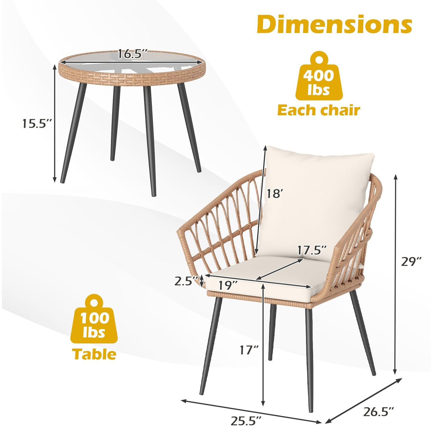 Tangkula 3 Piece Patio PE Rattan Conversation Chairs with Round Glass Table