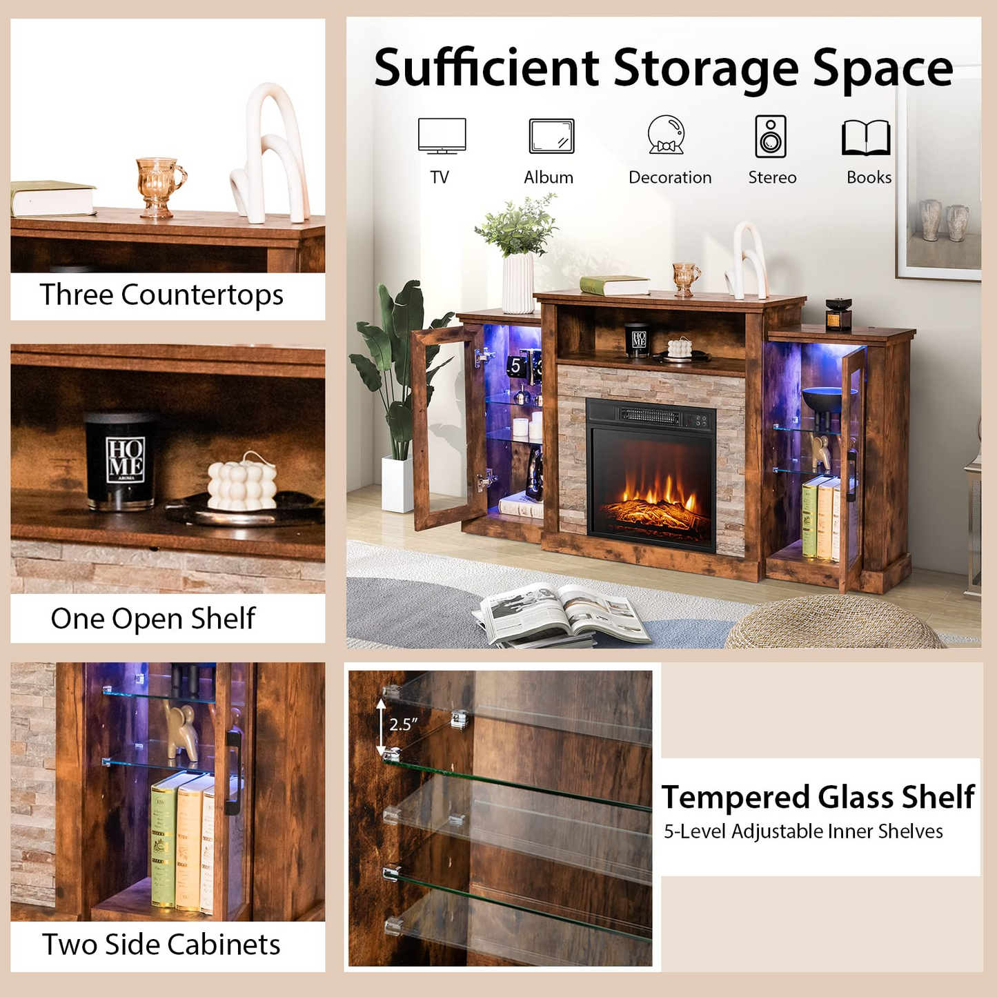 Tangkula Electric Fireplace TV Stand, Electric Fireplace Mantel with 16-Color Led Lights