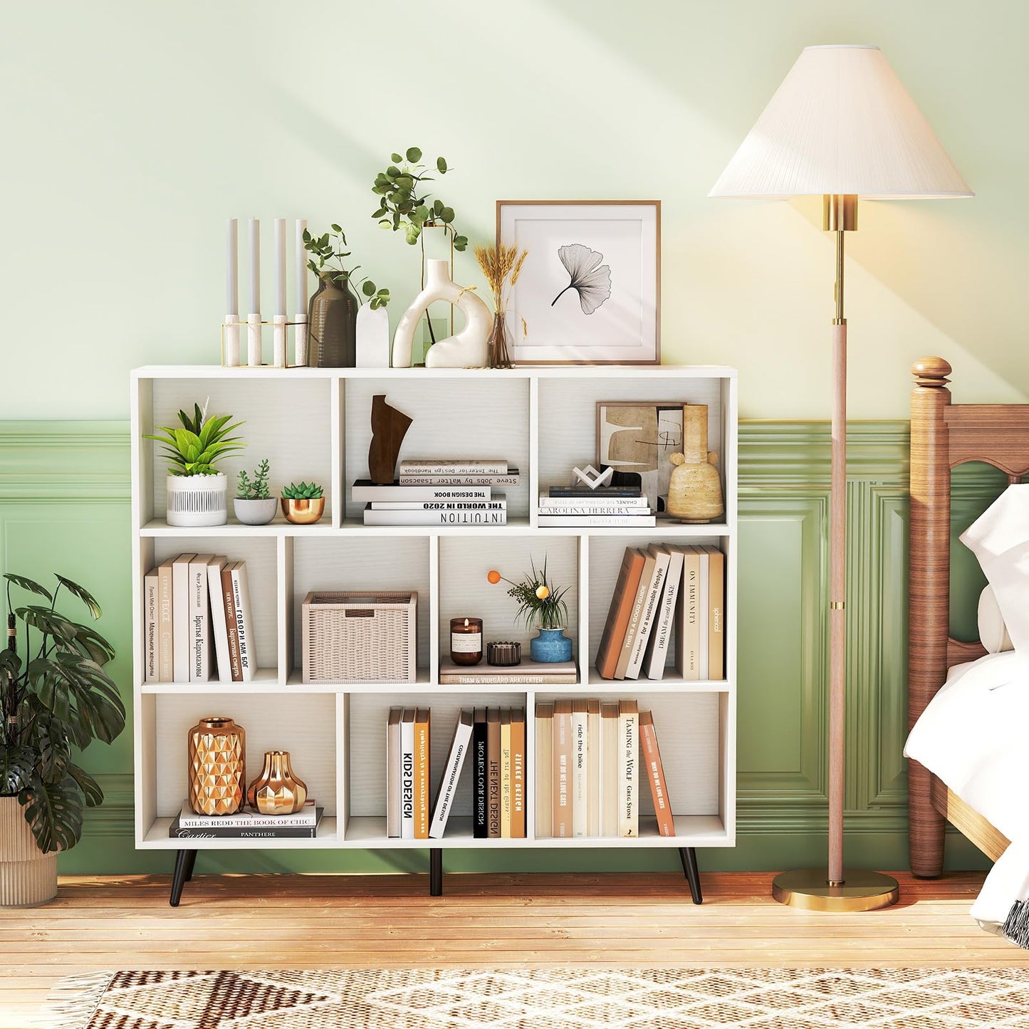 Tangkula 10-Cube Bookcase | Modern 47" L Storage Bookshelf with 5 Tapered Metal Legs & 2 Anti-Tip Kit