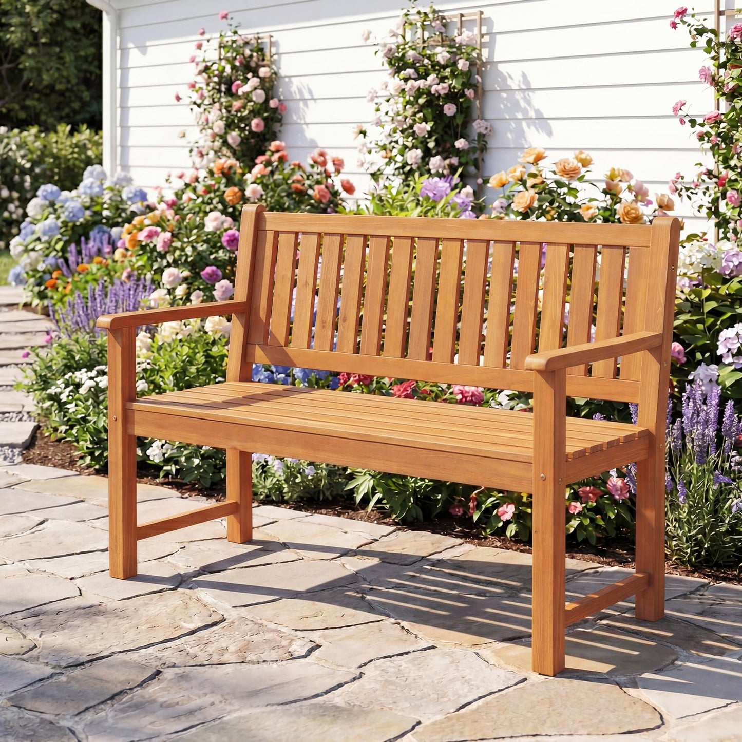 Tangkula 2-Seater Outdoor Wooden Bench with Slatted Seat