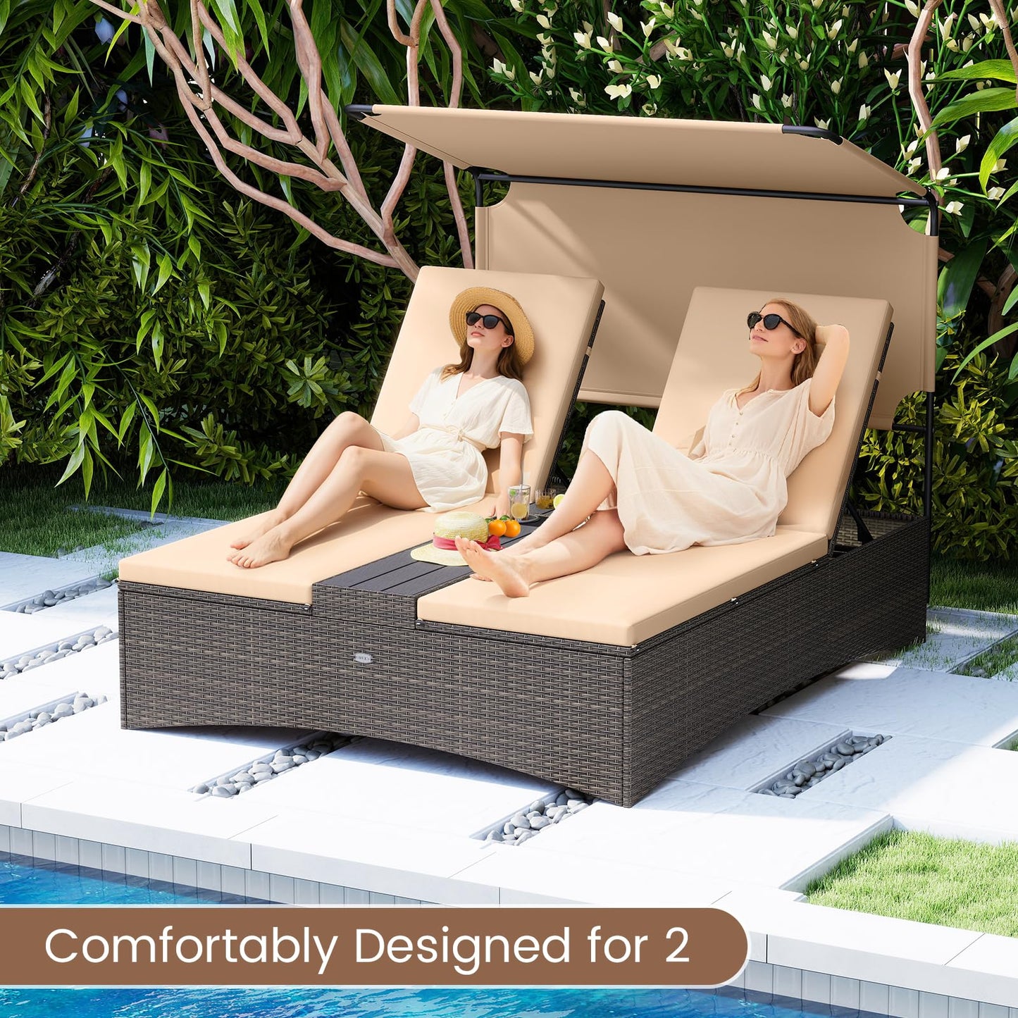 Tangkula 2-Person Outdoor Rattan Daybed with Canopy & 4-Level Adjustable Backrests
