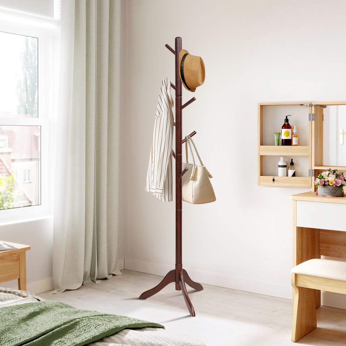 Tangkula Wooden Tree Coat Rack Freestanding, Entryway Coat Stand with 8 Hooks