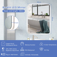 Tangkula 80CMx60CM Mirror with LED Lights with Dimmable 3 Color Temperatures
