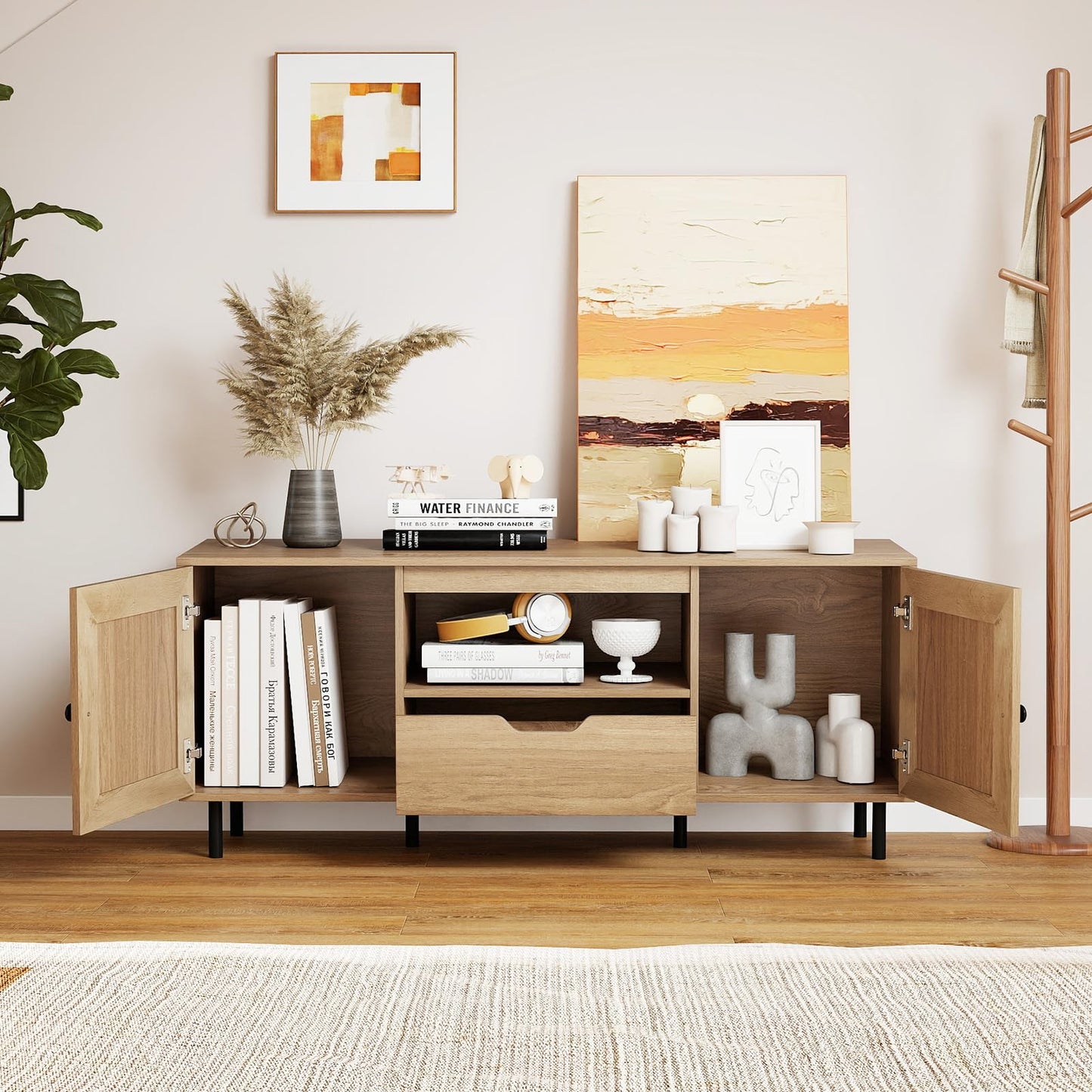 Tangkula Boho TV Stand for 50 55 60 Inch TV 52” Wooden Entertainment Center