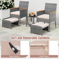 Tangkula 5 Pieces Patio Conversation Set, Outdoor PE Rattan Chairs with Soft Cushions, Ottomans & Tempered Glass Top Table