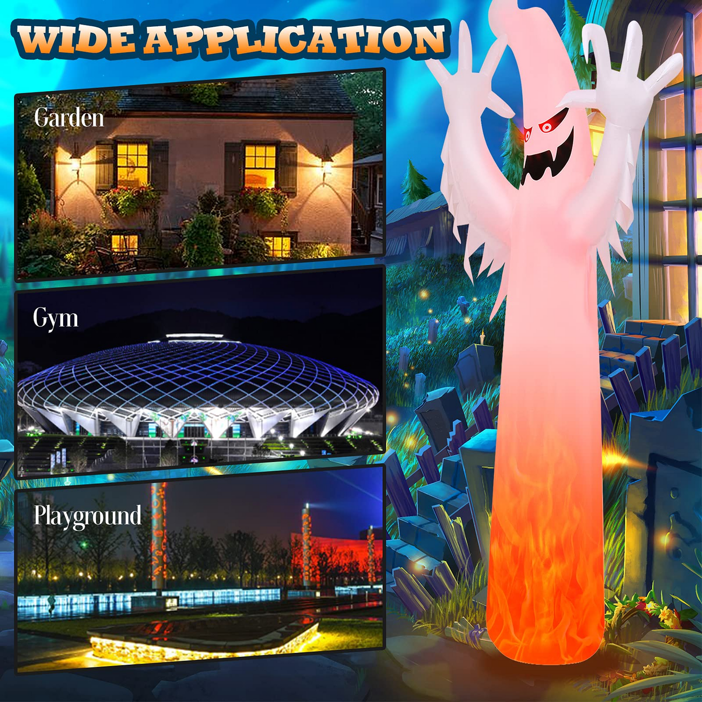 Tangkula 12 FT Halloween Inflatable Ghost W/ Rotating Flame LED Lights, Air Blower, Stake, Sandbag
