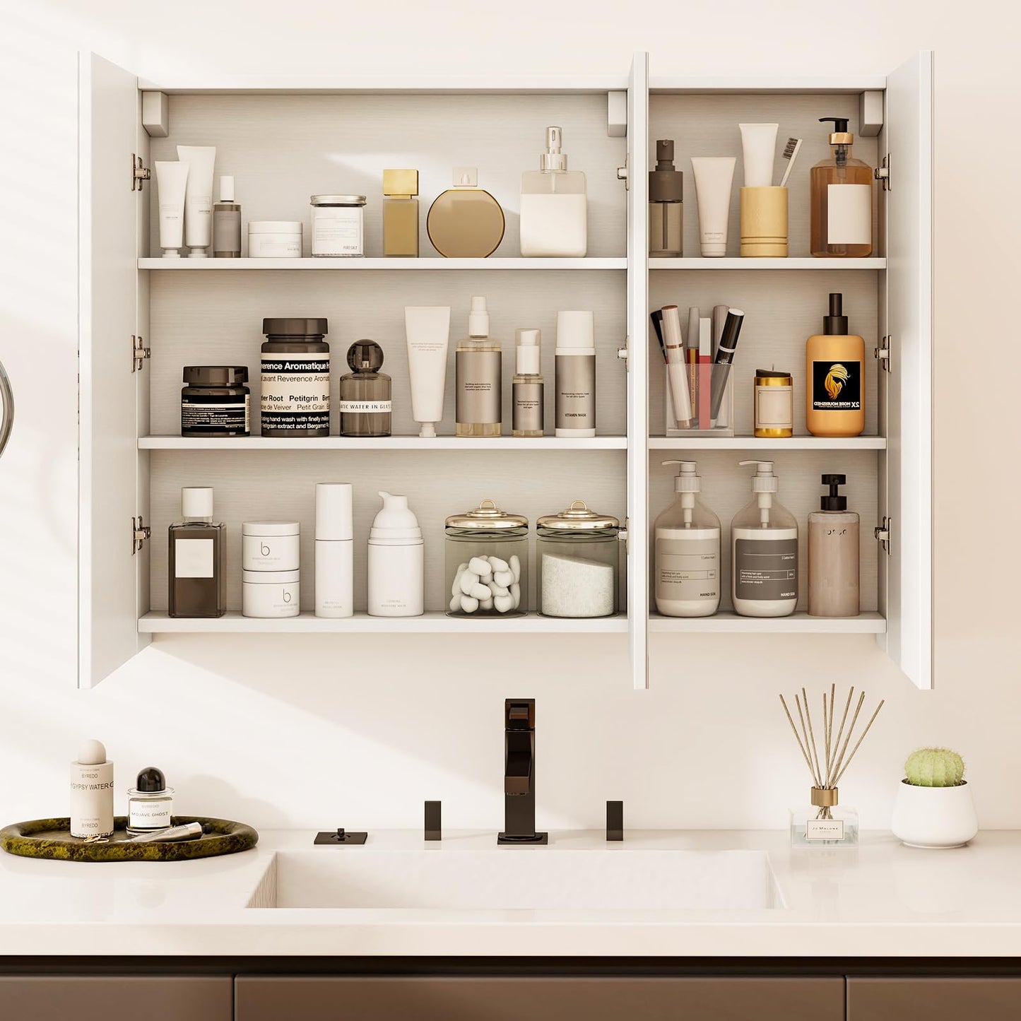 Tangkula 36" Wide Wall Mount Mirrored Bathroom Medicine Cabinet Storage 3 Mirror Door