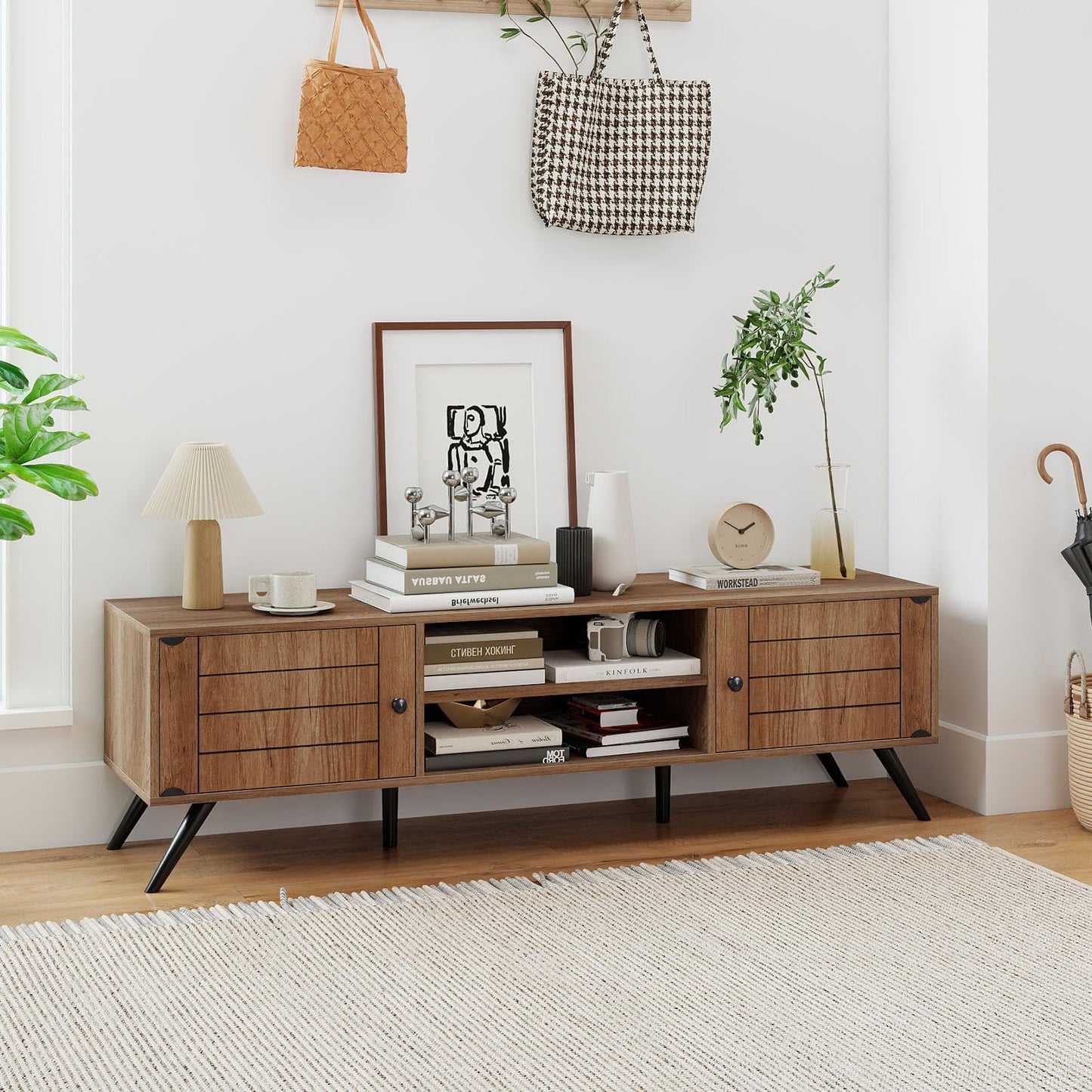 Tangkula 59” Long Media TV Stand with Cable Hole for Living Room