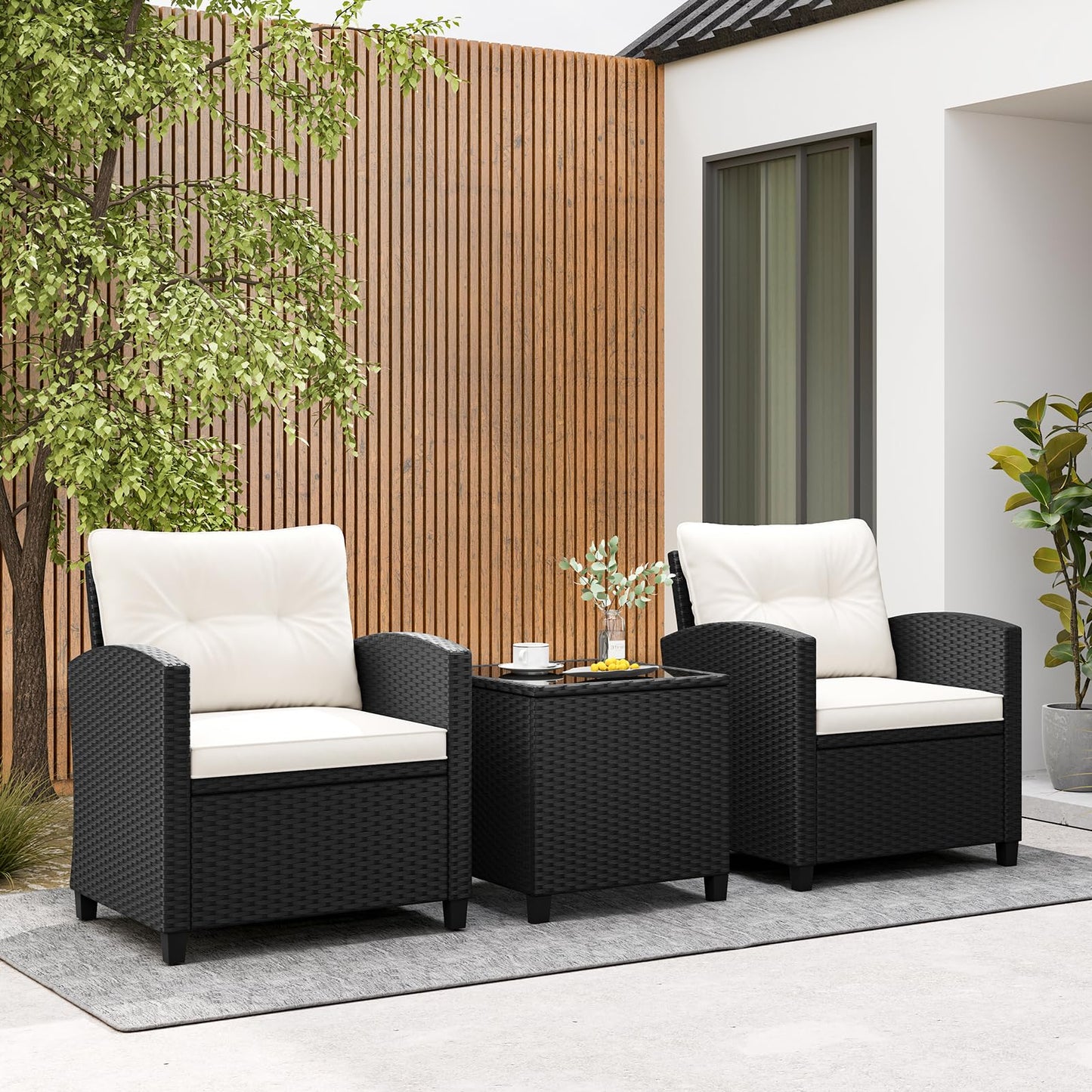 Tangkula 3 Piece Patio Furniture Set, Rattan Conversation Set w/Soft Seat & Back Cushions