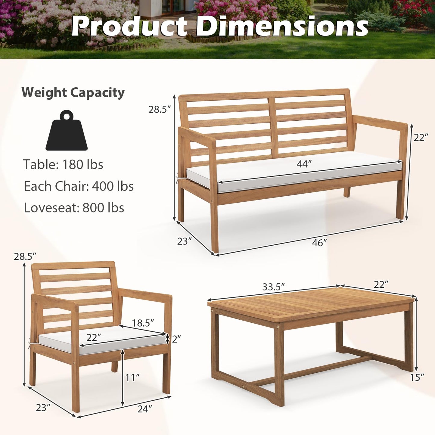 Tangkula 4 Piece Wood Patio Conversation Set, Patio Furniture Set w/Seat Cushions