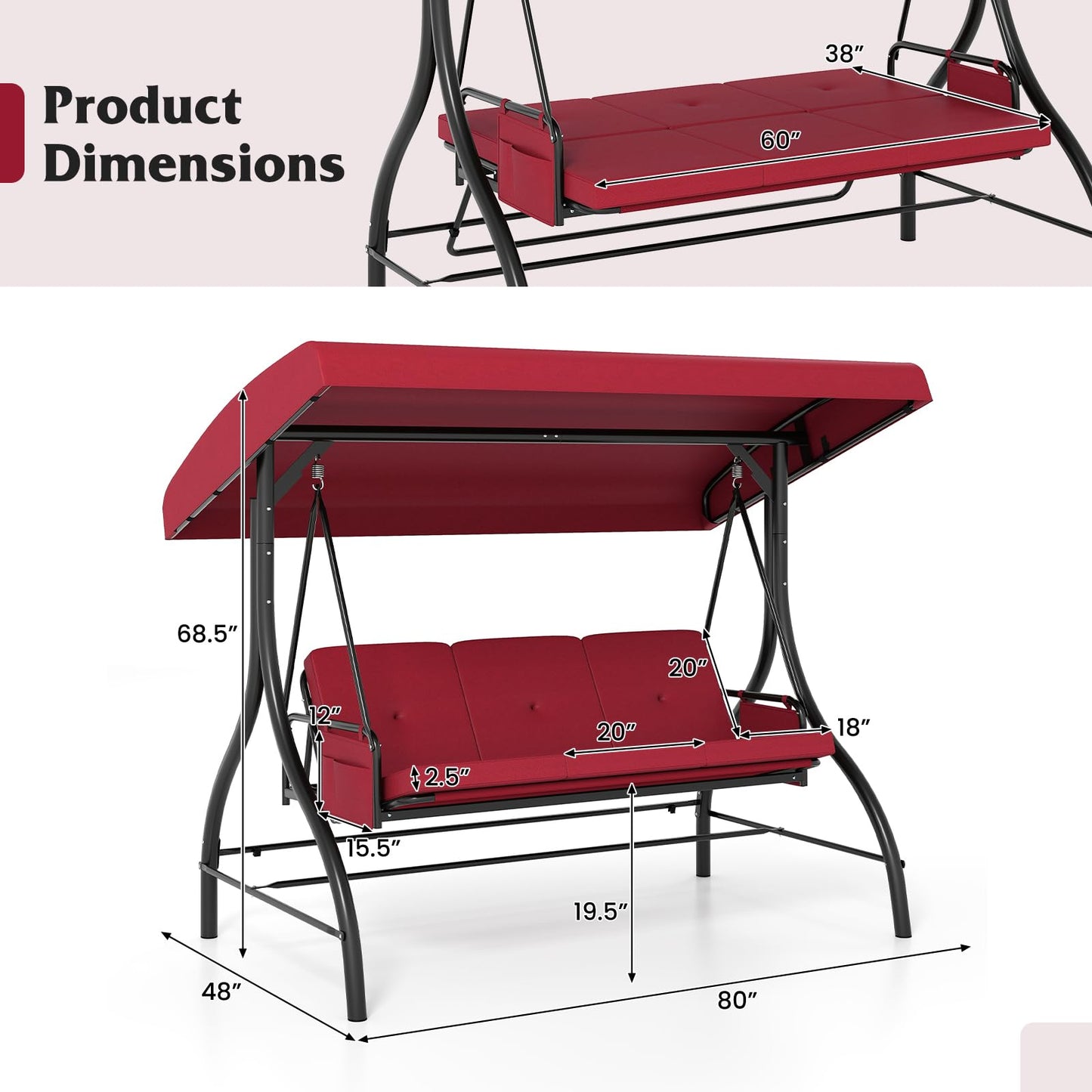 Tangkula 3 Person Porch Swing 2-in-1 Convertible Outdoor Swing