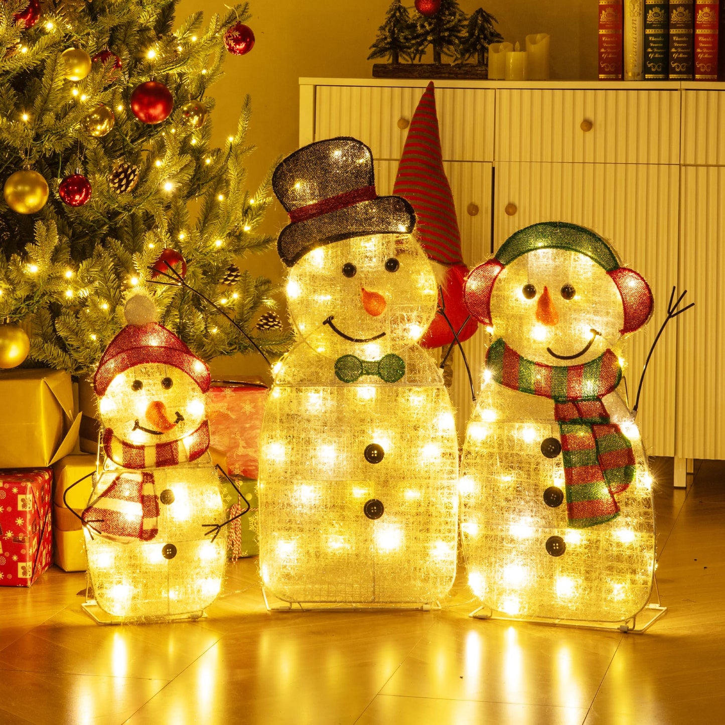 Tangkula 3 Piece Christmas Lighted Snowman Family Decoration