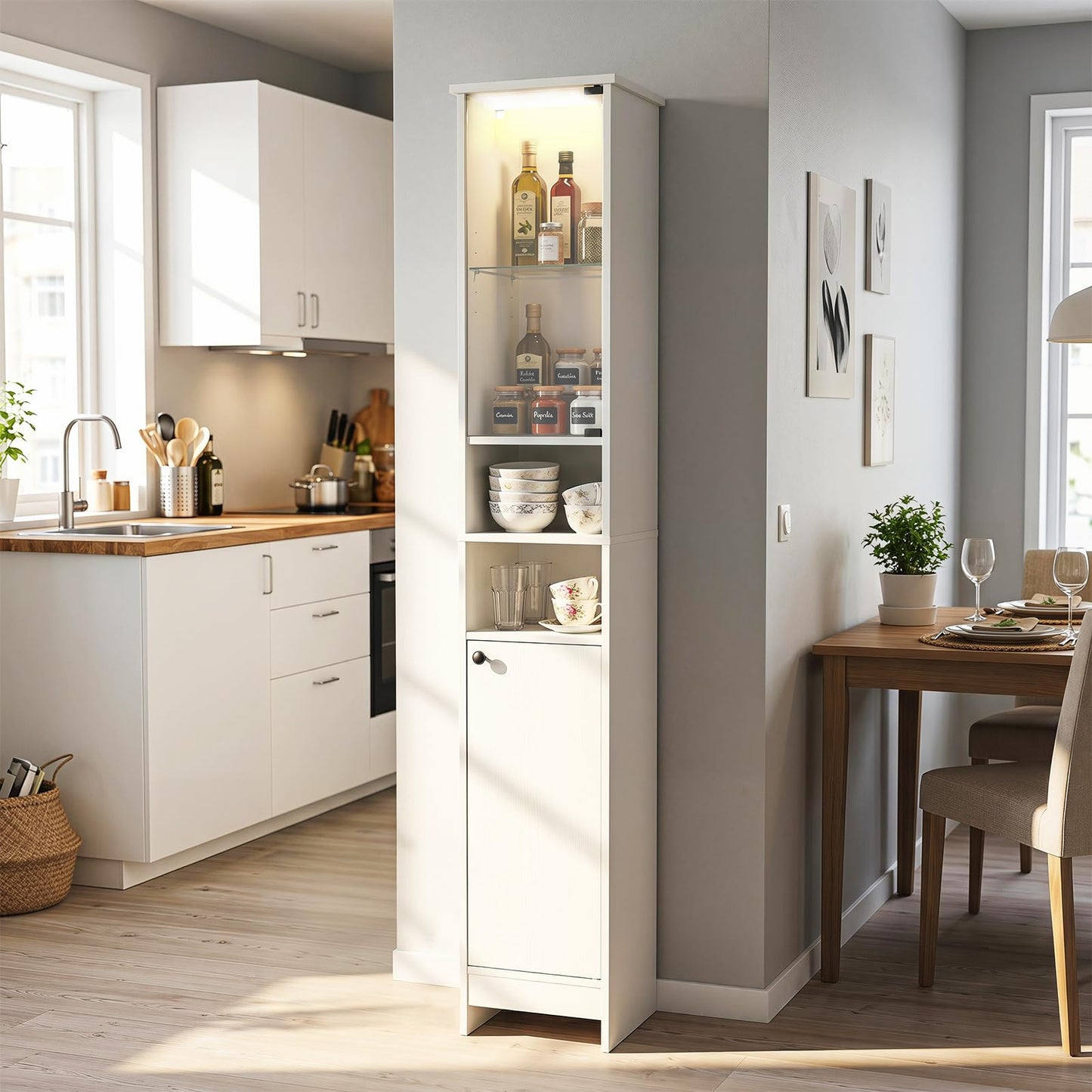 Tangkula Tall Bathroom Storage Cabinet with Lights and Remote