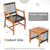 Tangkula 3 Pieces Acacia Wood Outdoor Furniture Set, All-Weather Rope Woven Bistro Set with Armchairs and Coffee Table