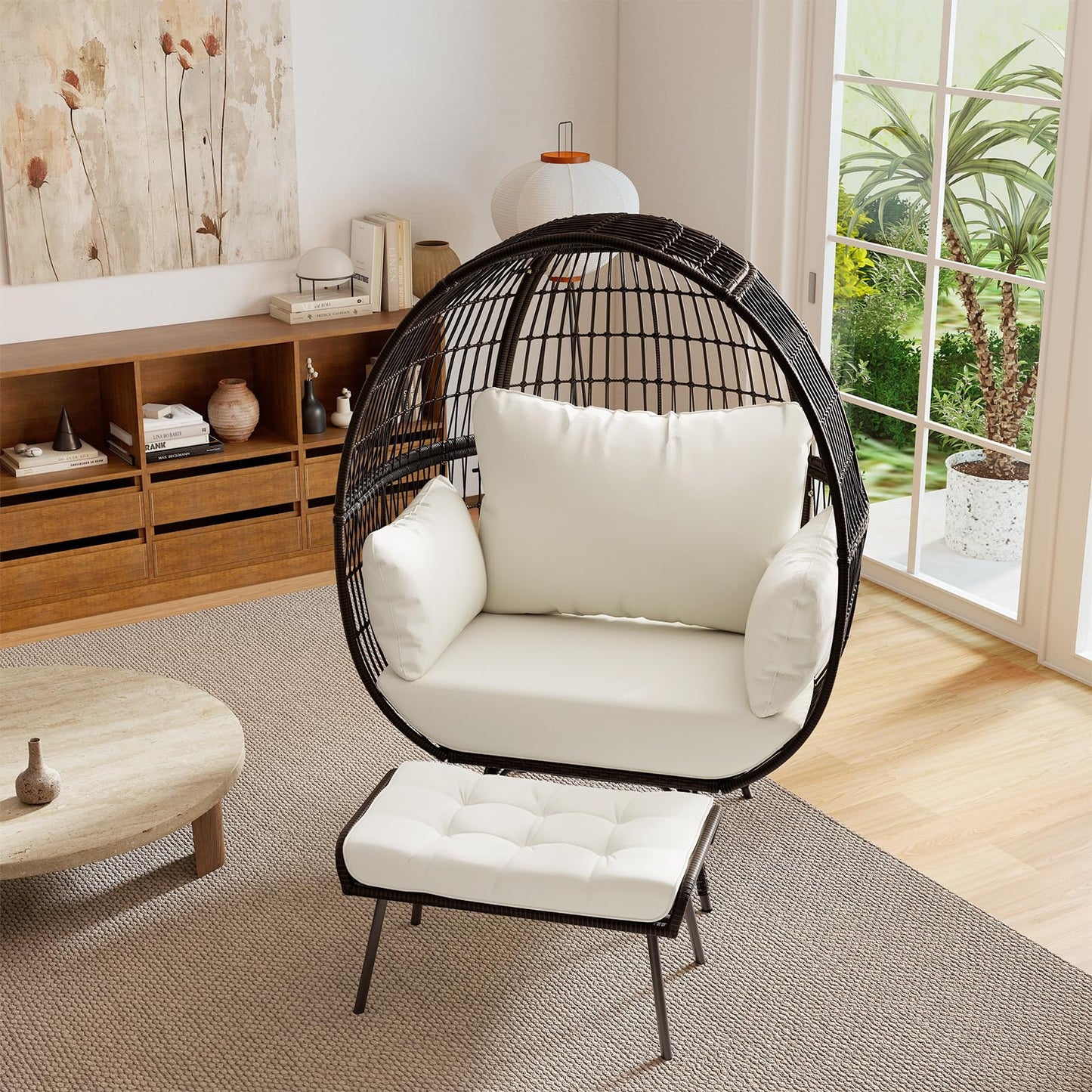 Fauteuil œuf surdimensionné en osier Tangkula avec ottoman pour le salon