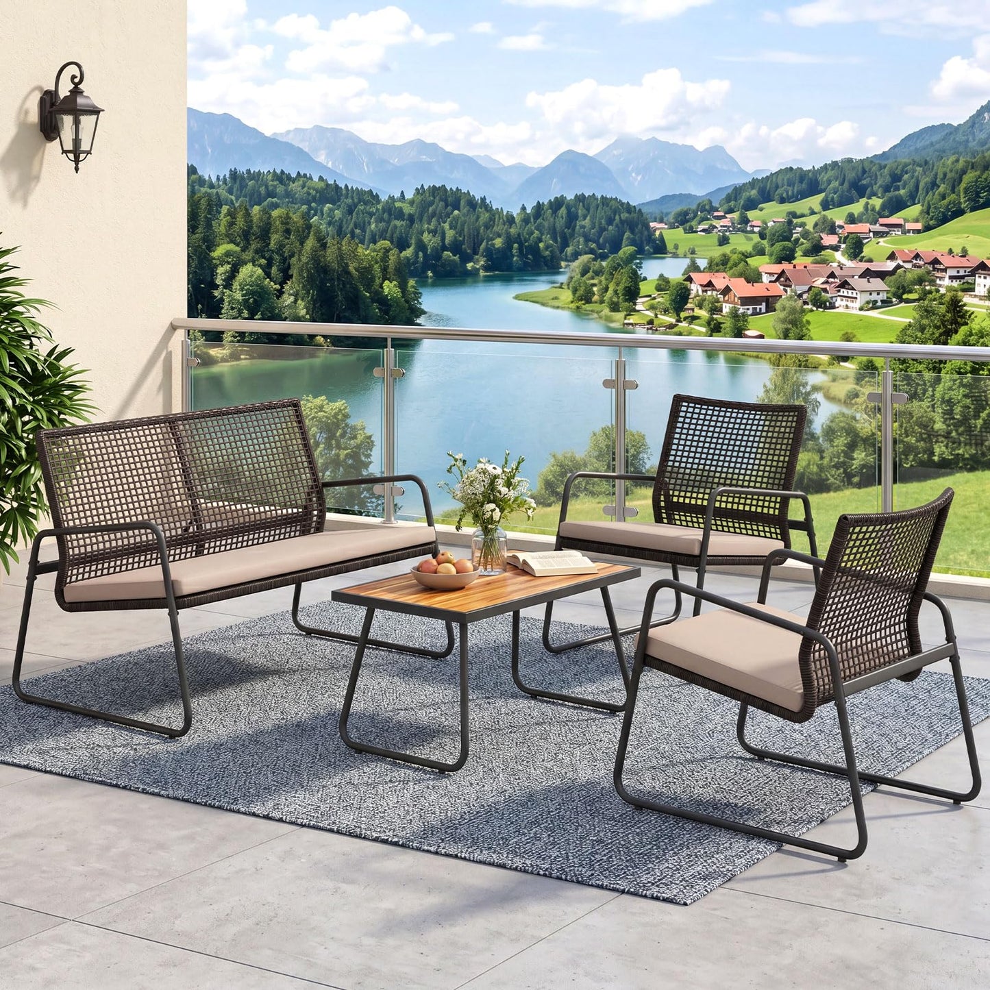 Tangkula 4 Pieces Patio Furniture Set with Acacia Wood Coffee Table & Zippered Cushions