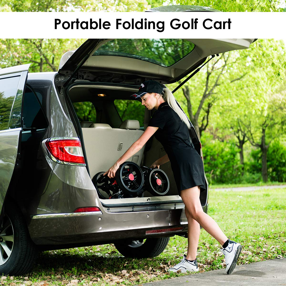 Tangkula Golf Push Pull Cart, 4 Wheels Foldable Collapsible Golf Trolley with Umbrella Holder, Foot Brake, Scorecard & Drink Holder