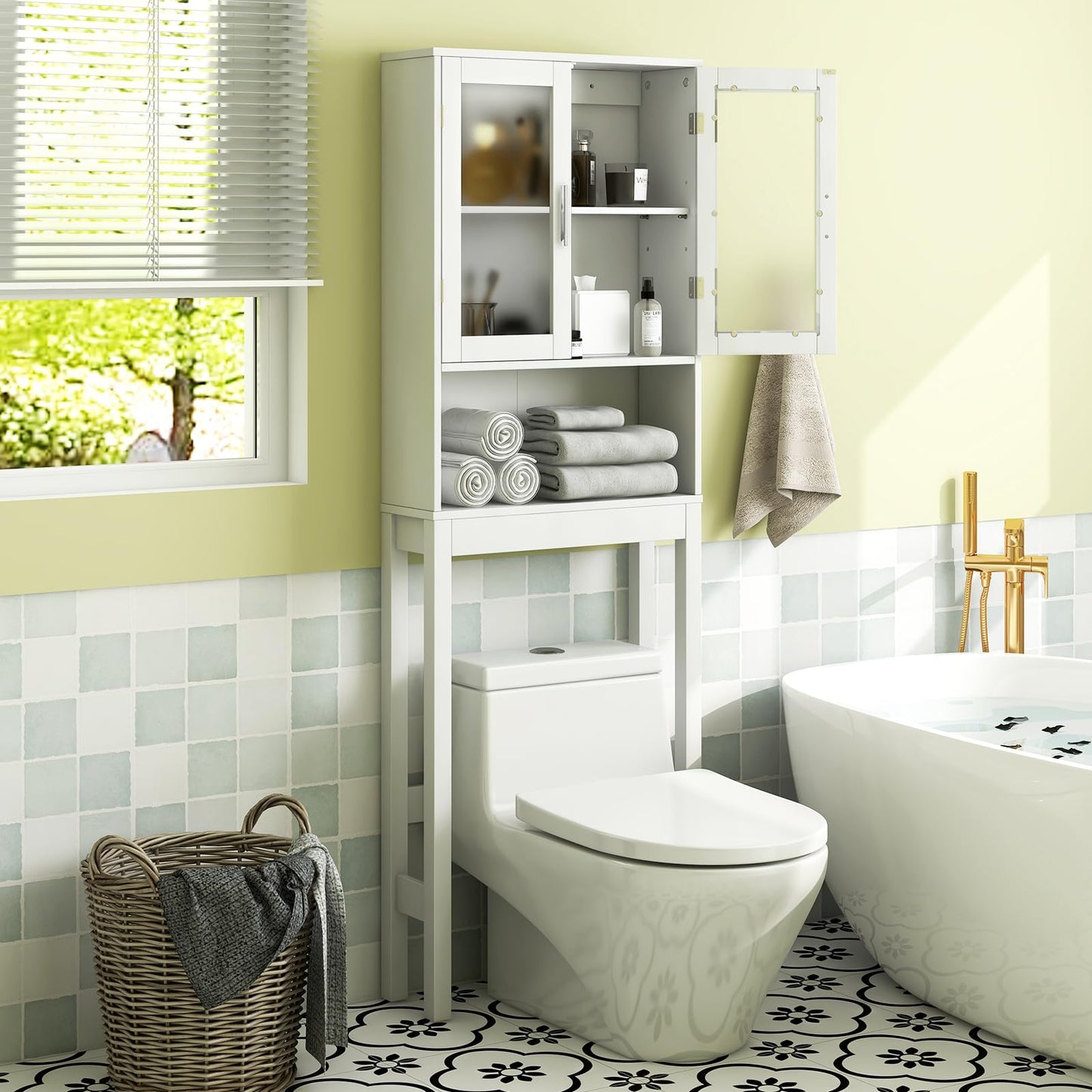 Tangkula Over The Toilet Storage Cabinet  w/Double Tempered Glass Doors