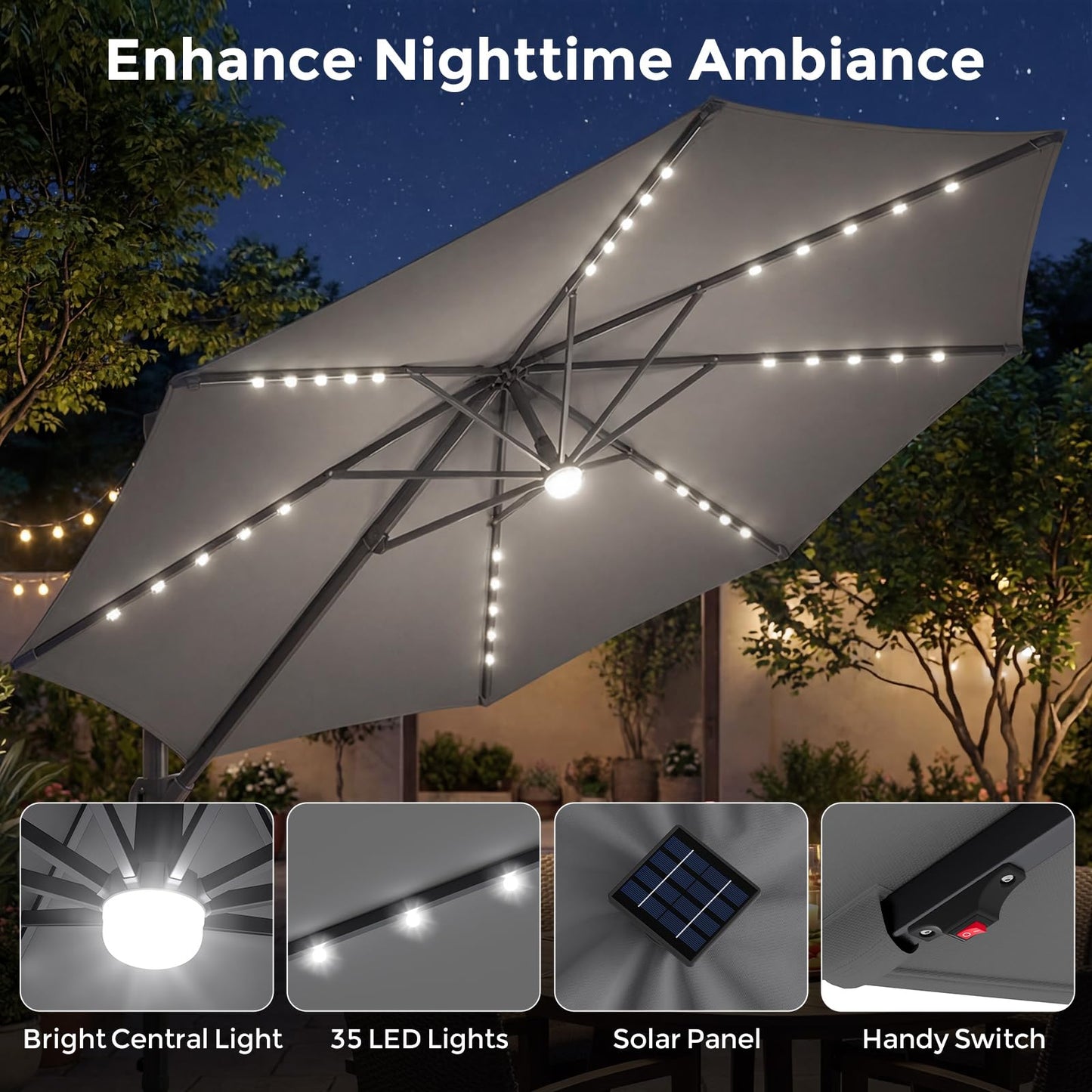 Tangkula 10ft Patio Umbrella | Offset Cantilever Square Outdoor Umbrella with 35 LED Lights