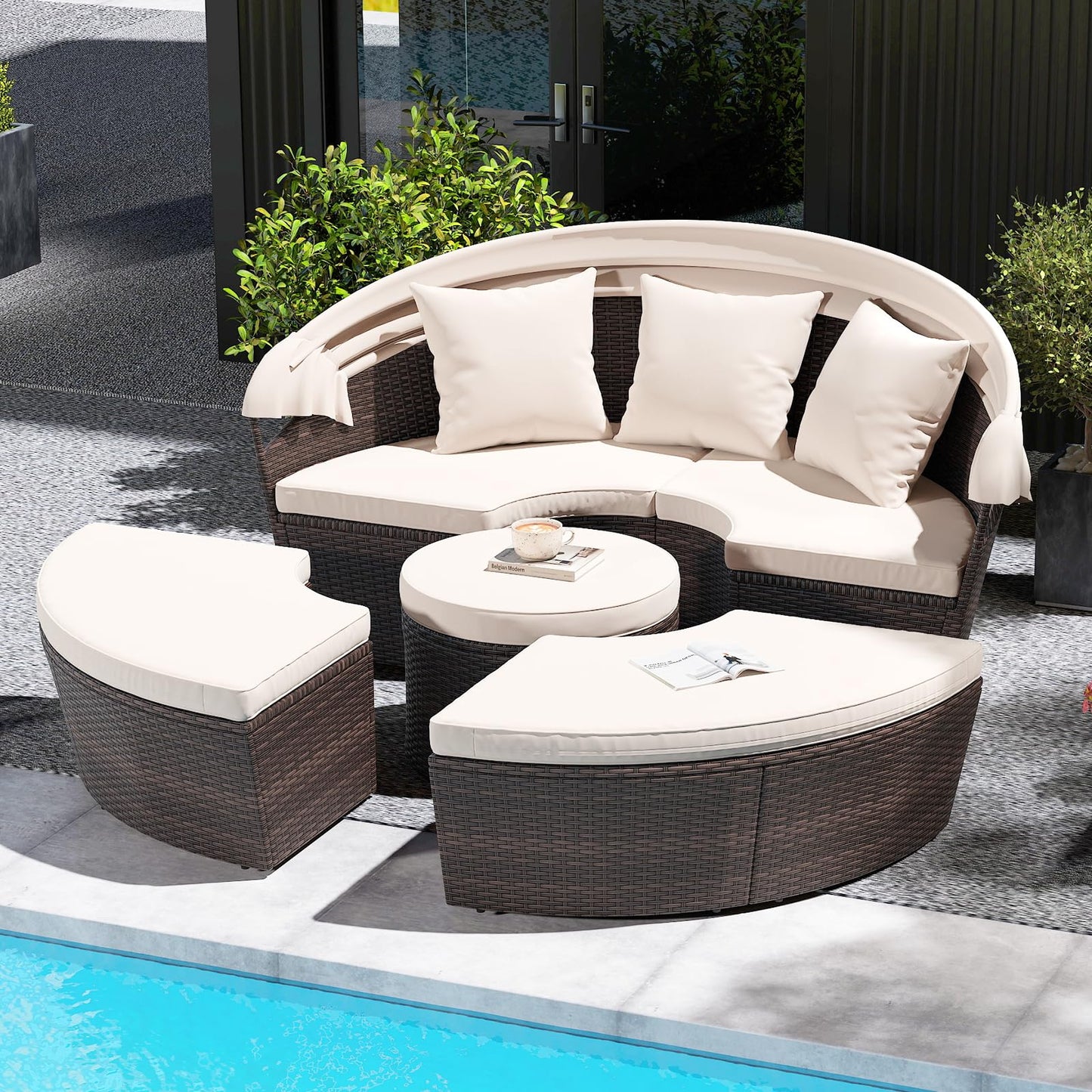 Tangkula Patio Round Daybed with Retractable Canopy Center Table & Throw Pillows