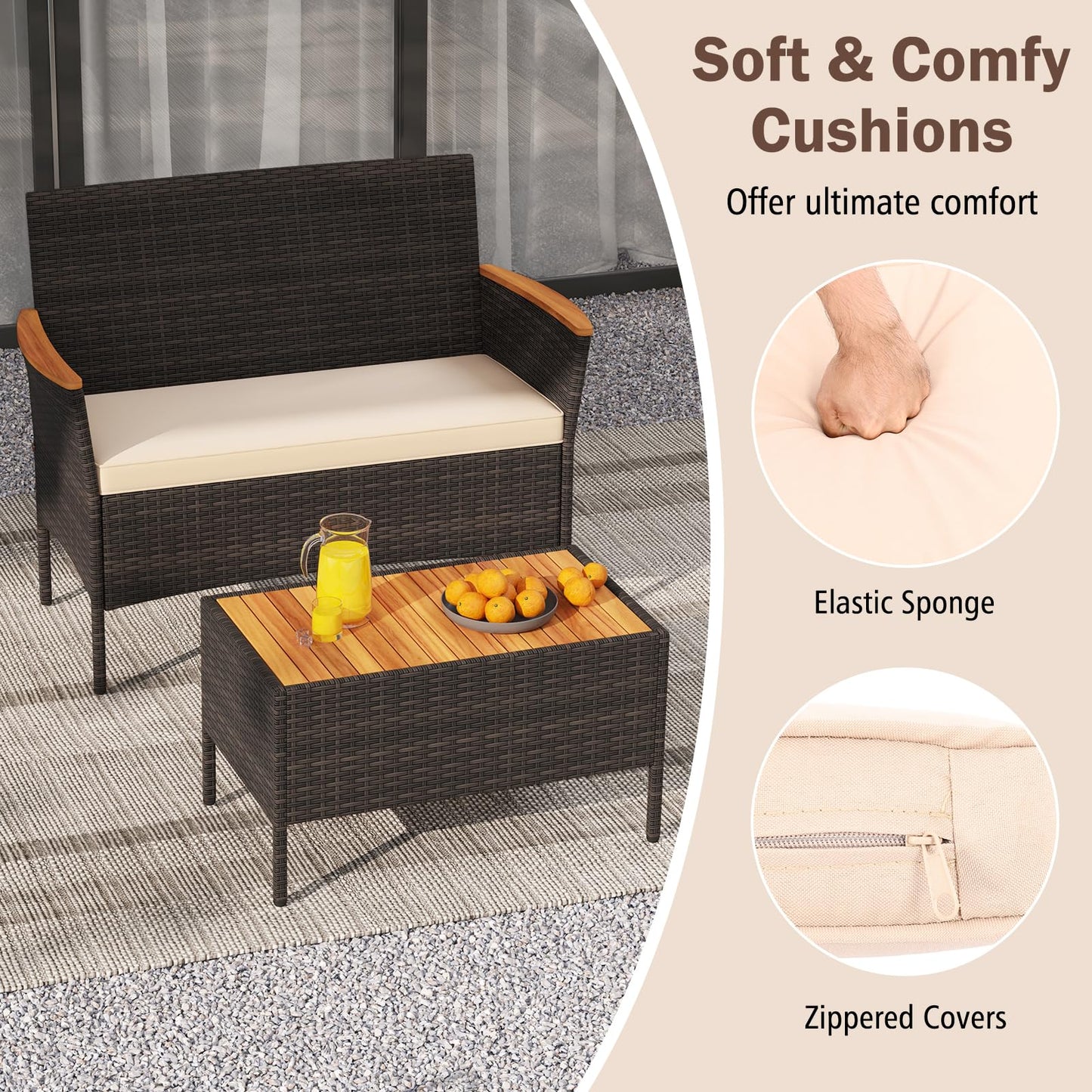 Tangkula Patio Wicker Sofa Set w/Coffee Table