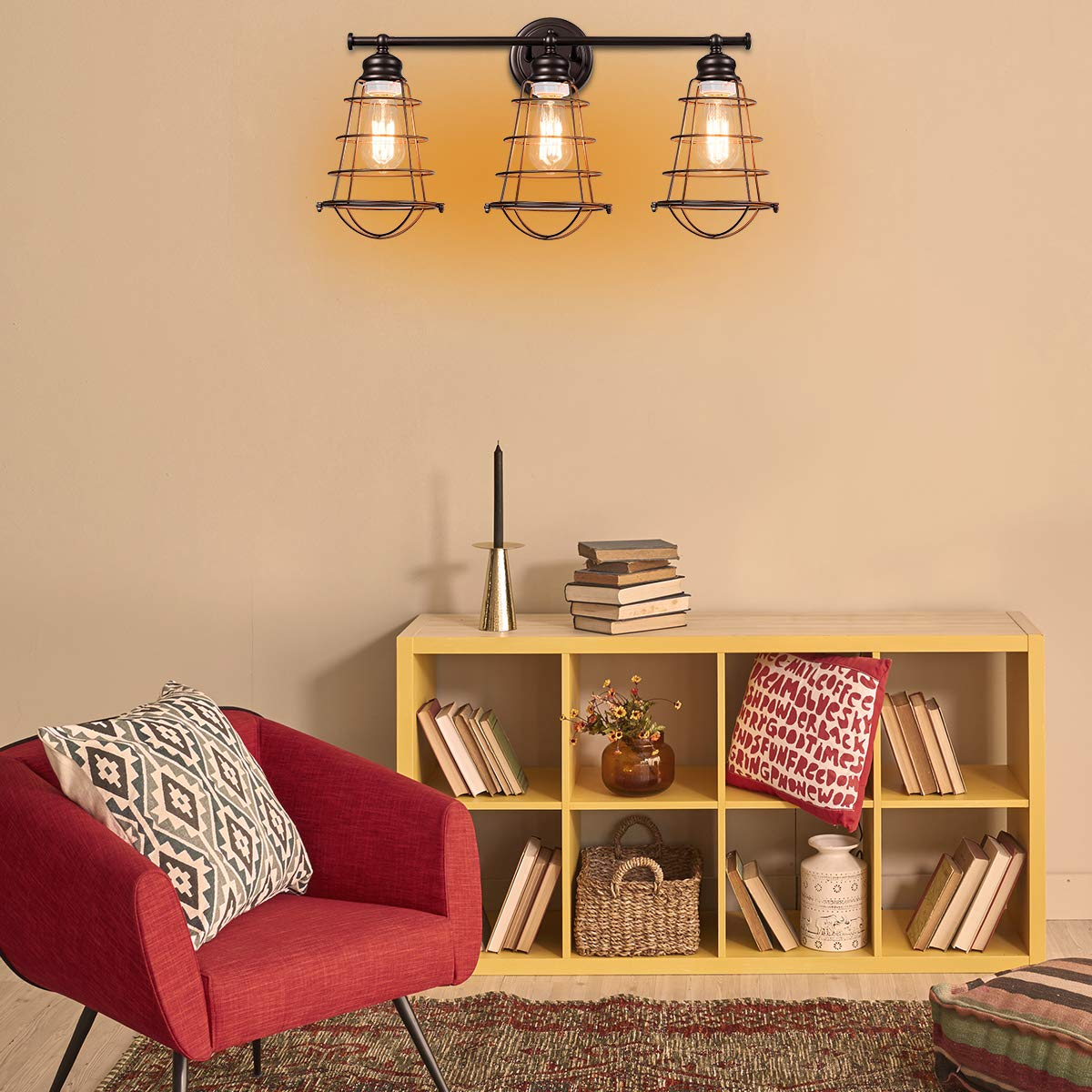 Tangkula 3-Light Vintage Vanity Lights, Industrial Metal Wire Cage Wall Sconces(Black & Golden)