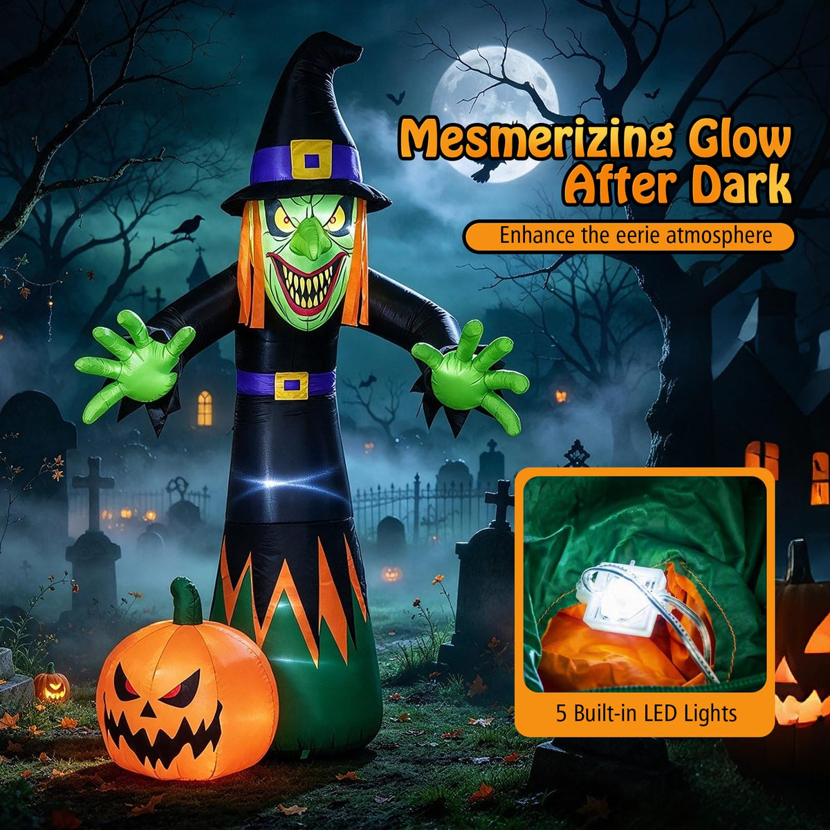 Tangkula 8 FT Halloween Inflatable Witch & Pumpkin with Built-in LED Lights