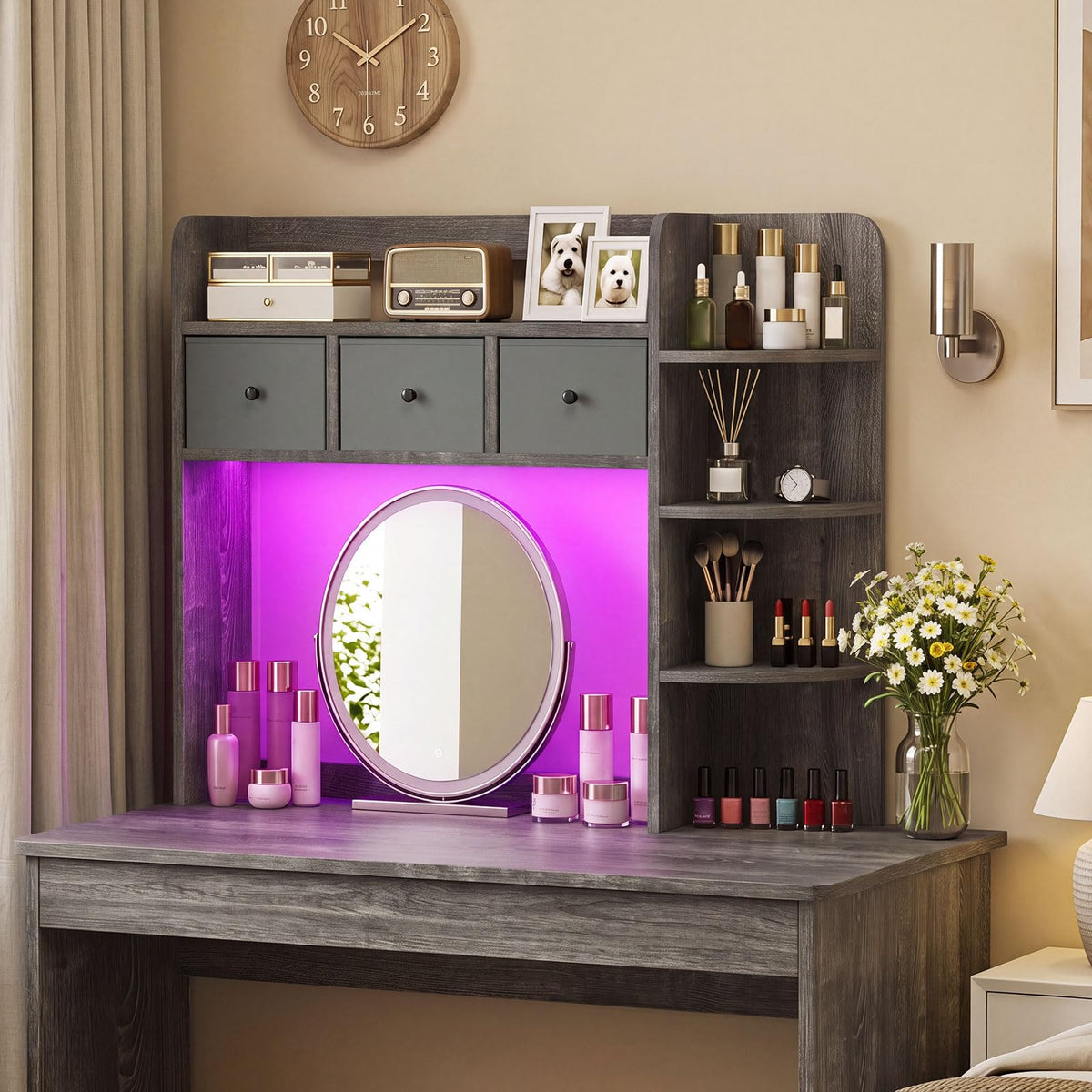 Tangkula Desktop Bookshelf with LED Lights Dorm Desk Hutch