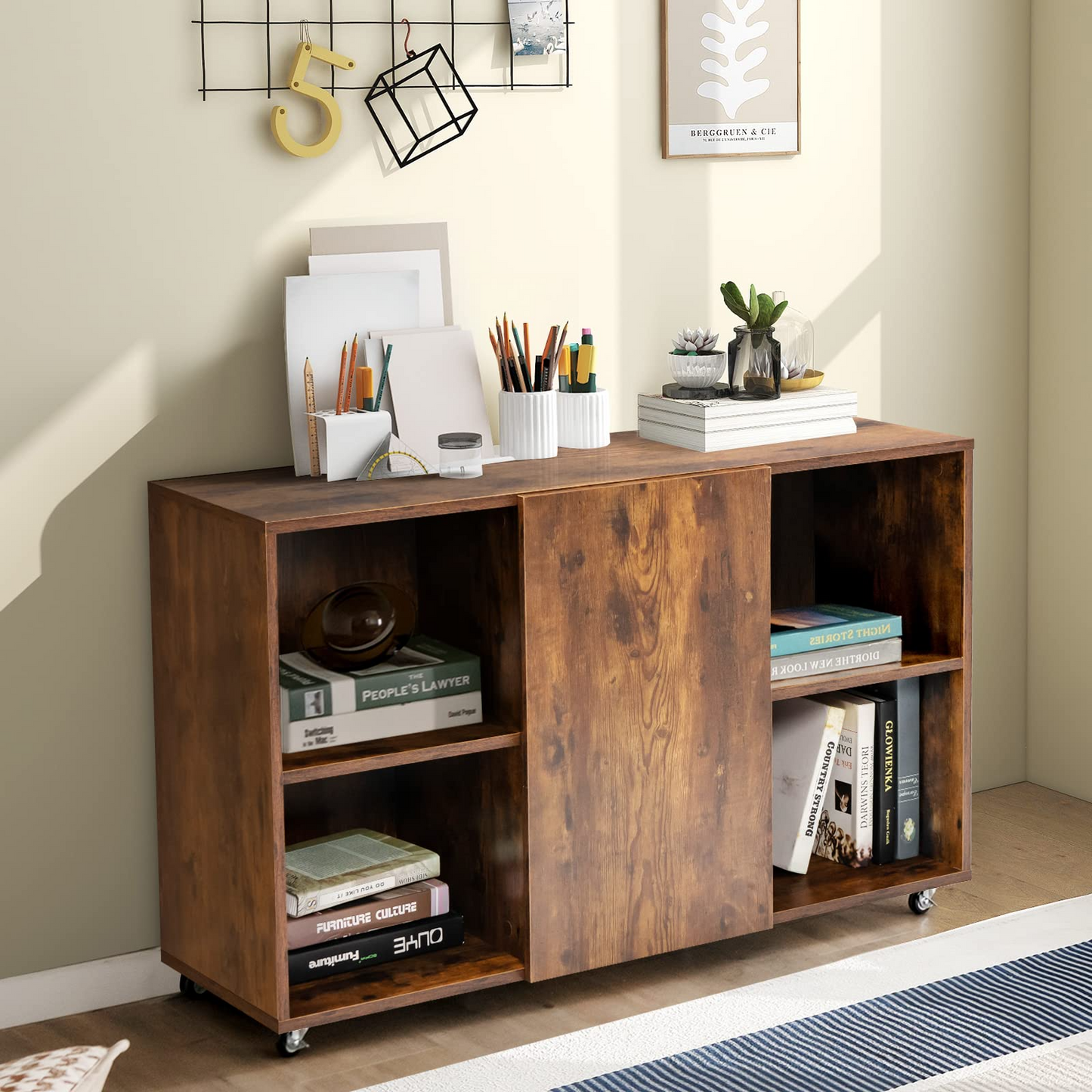 Tangkula Wood File Cabinet with Wheels, Mobile Storage Cabinet with 6 Compartments