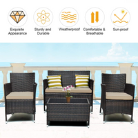 Tangkula 4-PCS Patio Rattan Conversation Set, Outdoor Wicker Furniture Set with Tempered Glass Coffee Table &Thick Cushion
