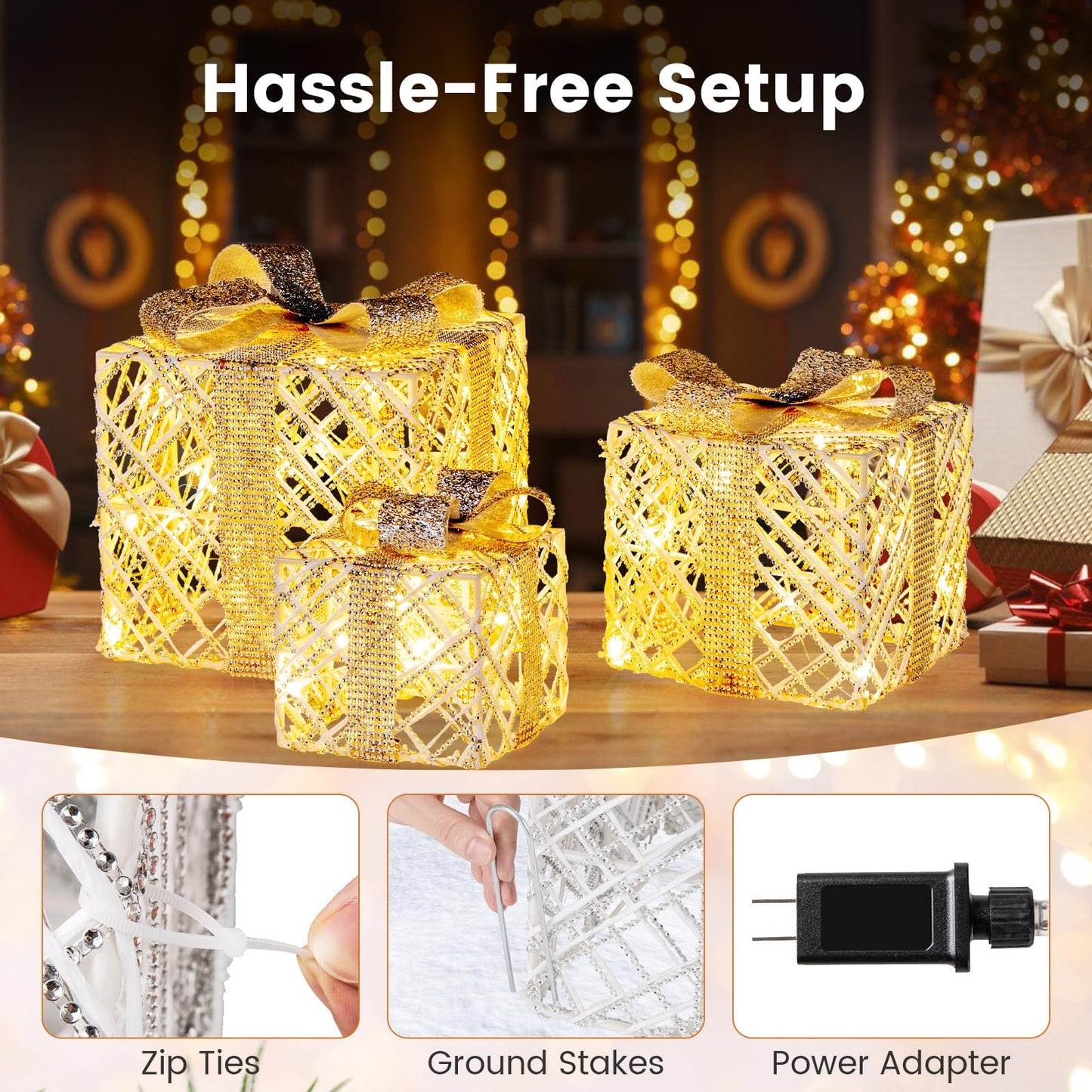 Tangkukla 3 Pack Christmas Lighted Gift Box, Pre-Lit Festive Boxes w/ 50 LED Lights