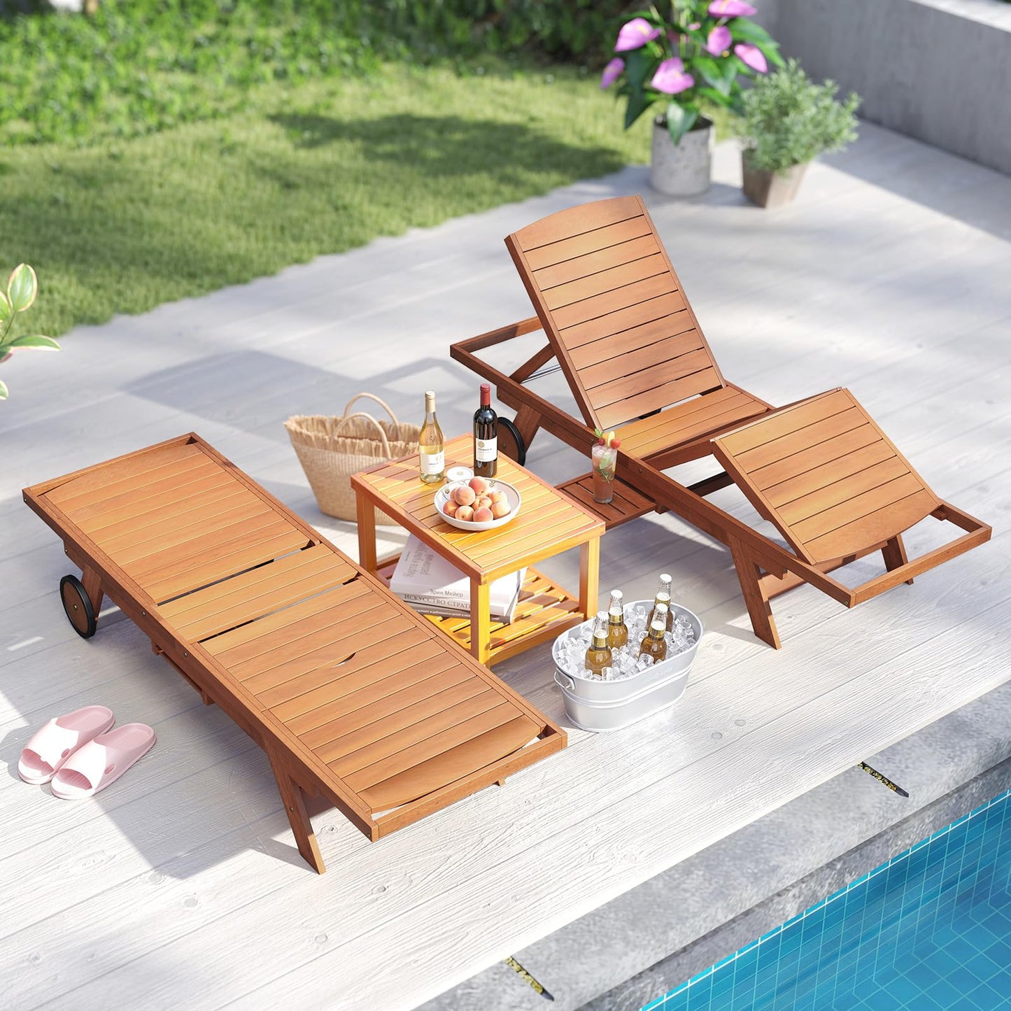 Chaise Longue Extérieure Tangkula avec Roues, Dossier 4 Positions Réglable et Repose-Pieds Rallongeable, Table d'appoint (1/2)