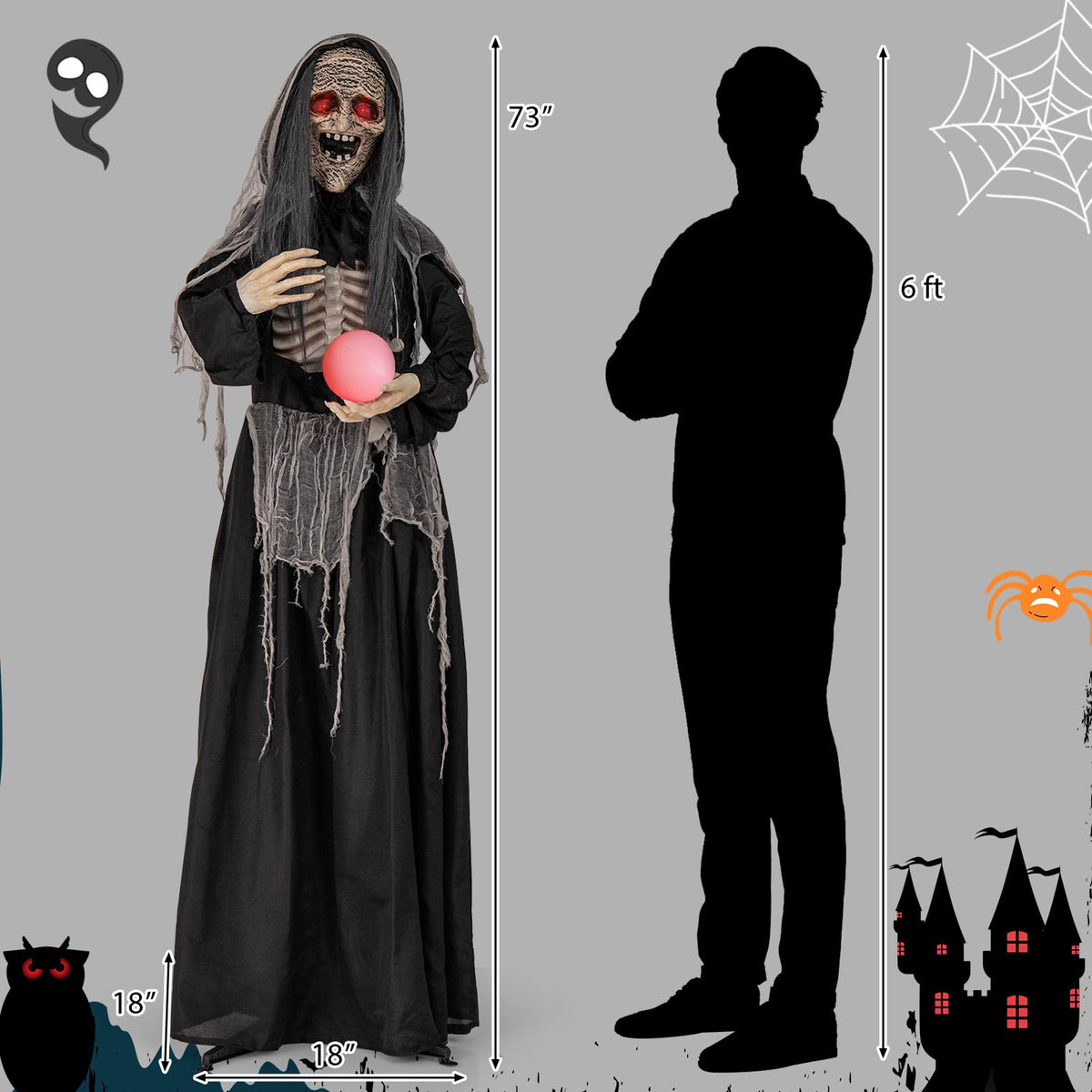 Tangkula 6 FT Halloween Animatronics Standing Witch, Talking Animated Wicked Witch with Light Up Eyes & Magical Ball