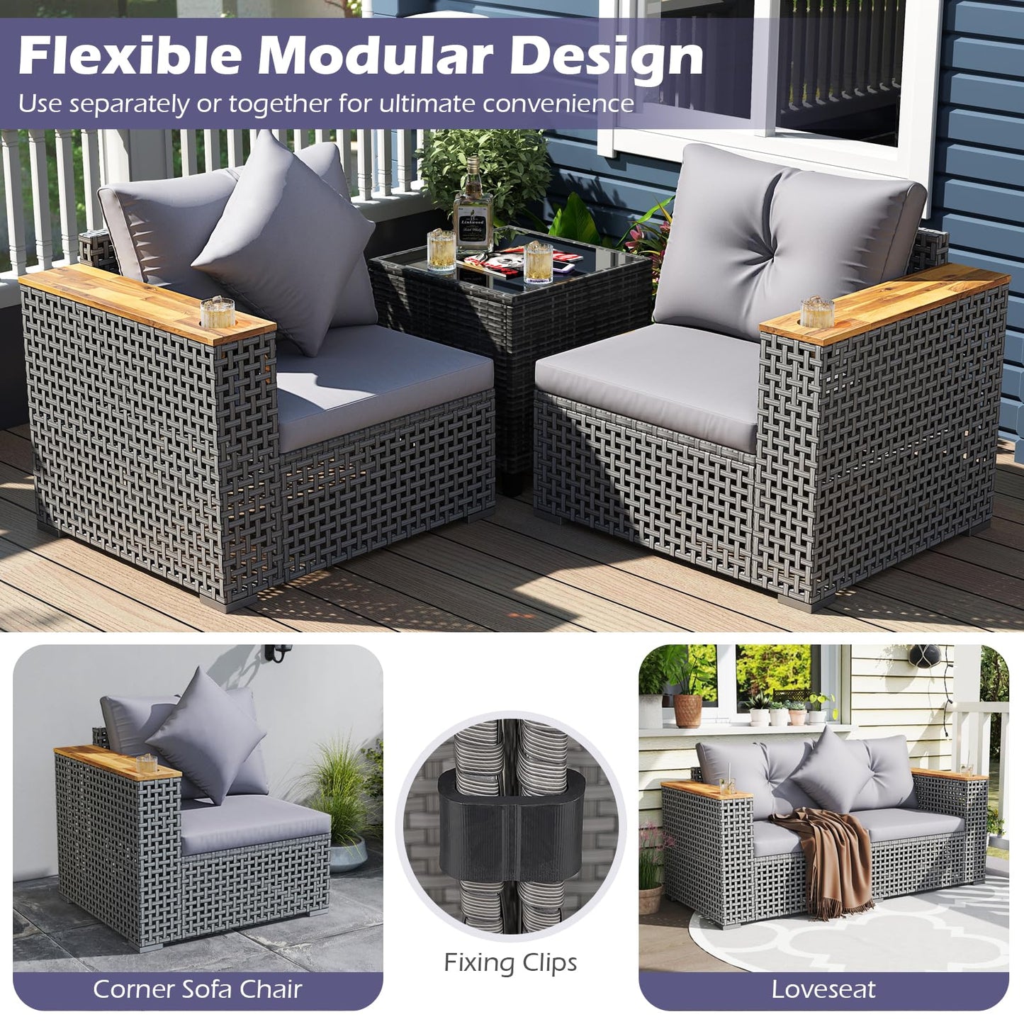 Tangkula 62.5" Large Patio Wicker Loveseat with Acacia Wood Armrests & Cup Holders