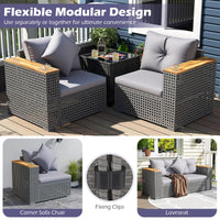 Tangkula 62.5" Large Patio Wicker Loveseat with Acacia Wood Armrests & Cup Holders