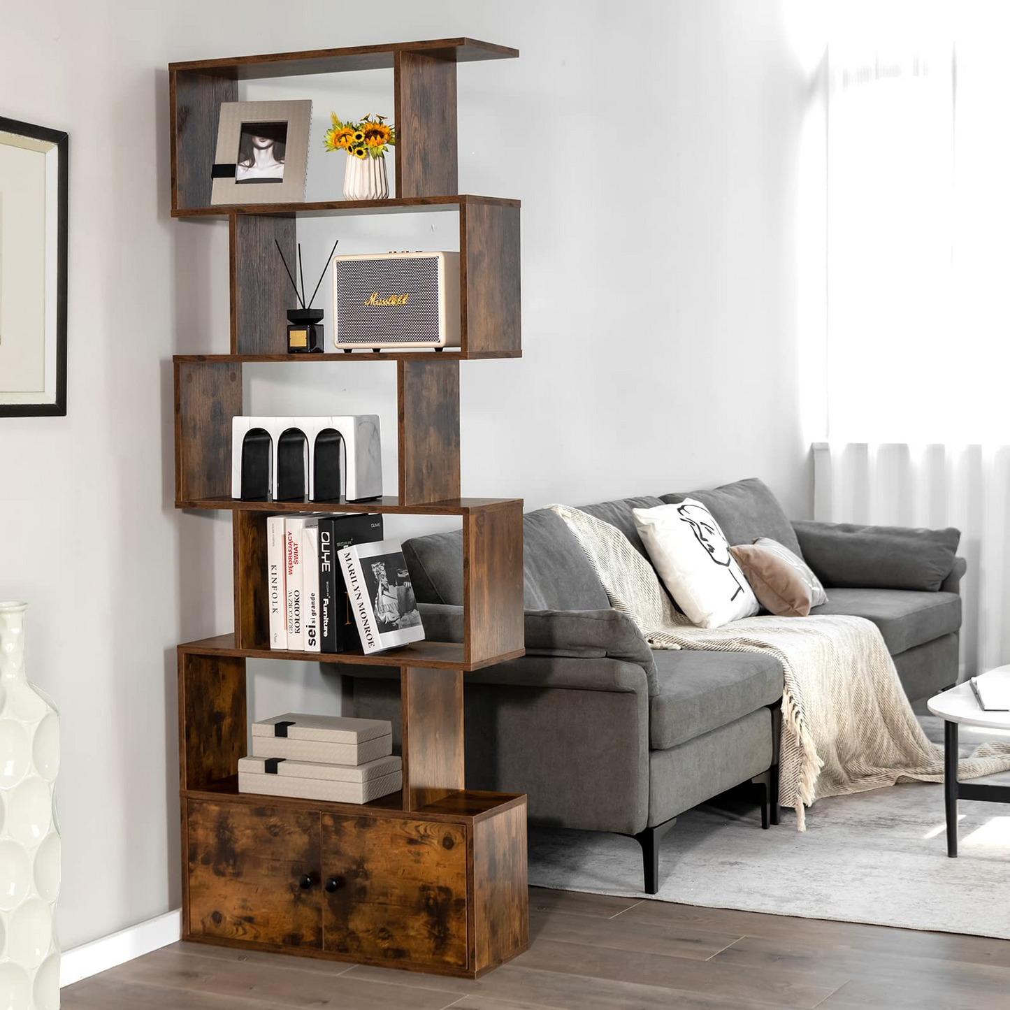 Tangkula S Shaped Bookshelf with Cabinet, 6-Tier Bookcase with Doors, Freestanding Geometric Bookshelves for Living Room