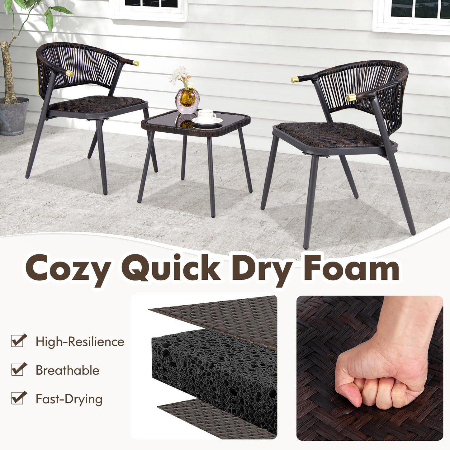 Tangkula 3 Piece Patio Rattan Furniture Set, Patiojoy Quick Dry Foam Padded Chairs w/Tempered Glass Tabletop