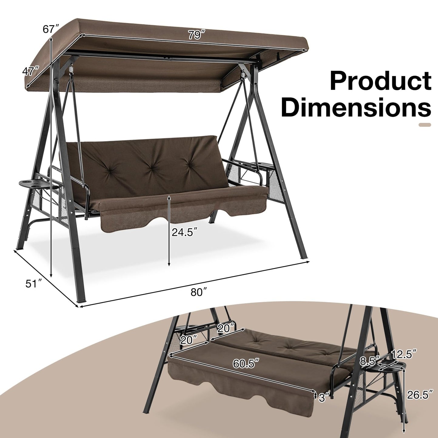 Tangkula 3 Person Porch Swing, 2-in-1 Convertible Patio Swing Bed with Adjustable Canopy, 2 Cup Holder Table