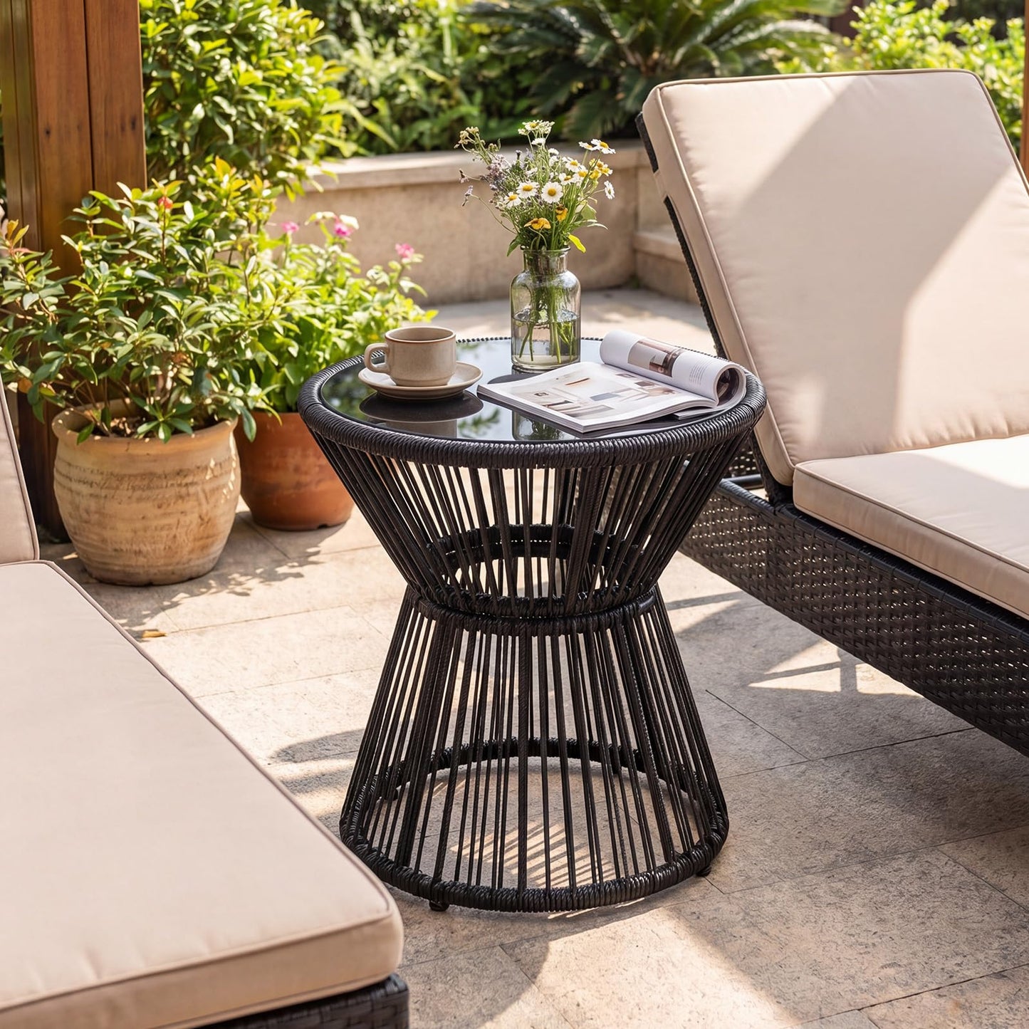 Tangkula PE Rattan Hourglass-Shaped Outdoor Side Table with LED Warm Light (1/2)