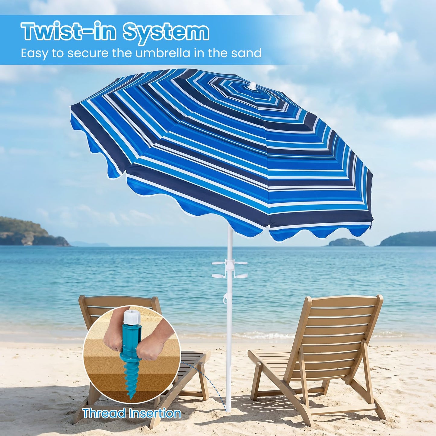 Tangkula 6.5 FT Scalloped Beach Umbrella with Cup Holders