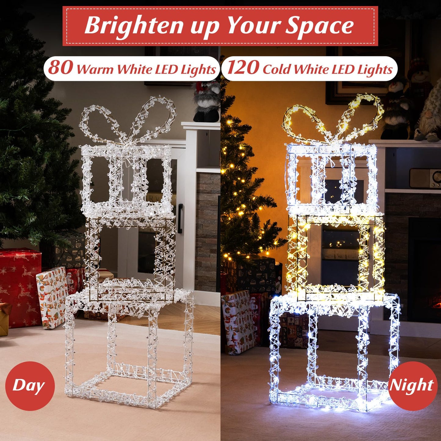 Tangkula Lot de 3 boîtes cadeaux lumineuses avec lumières LED blanc chaud et blanc froid