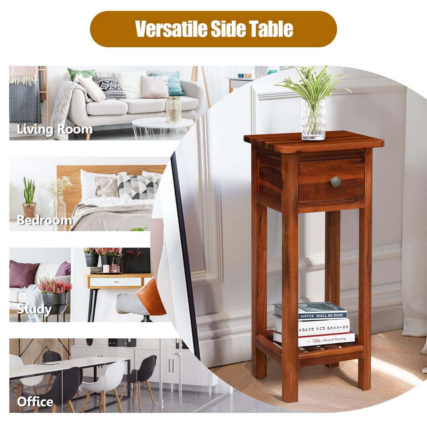 Tangkula Small Side Table for Small Spaces, Farmhouse Acacia Wood Slim End Table