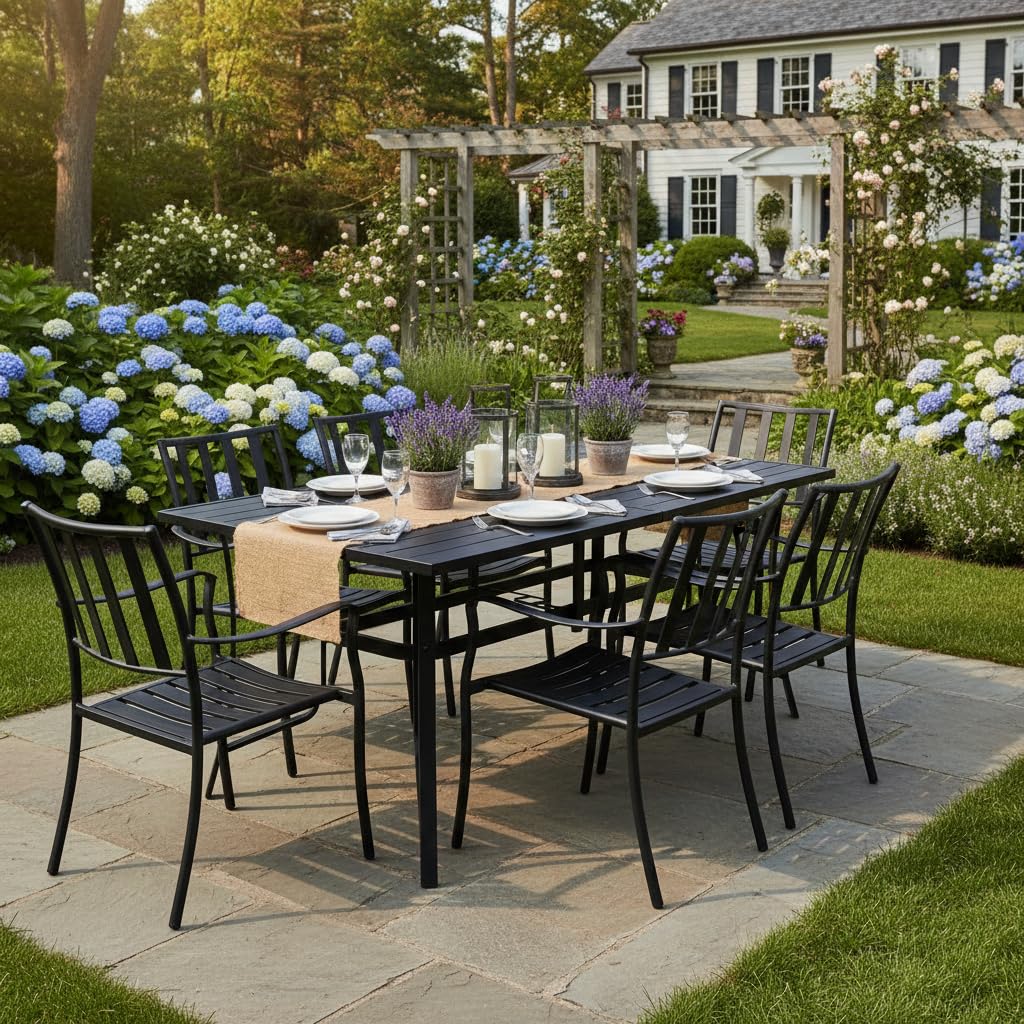 Tangkula Metal Patio Dining Table with Umbrella Hole for Balcony and Backyard